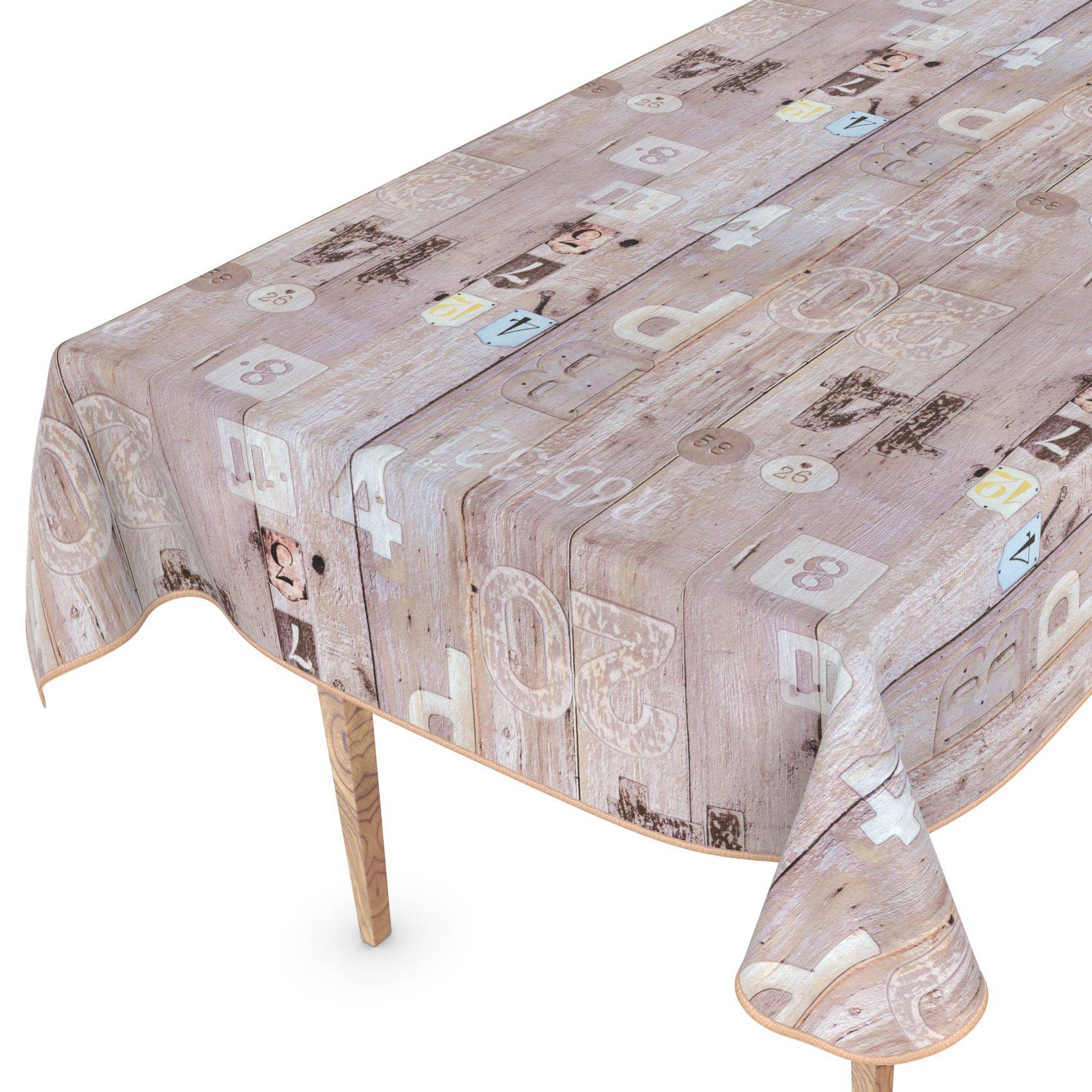Rechteckiger Tisch mit einer Tischdecke im hellen Holzmuster, die über die Kanten drapiert ist, vor weißem Hintergrund dargestellt.