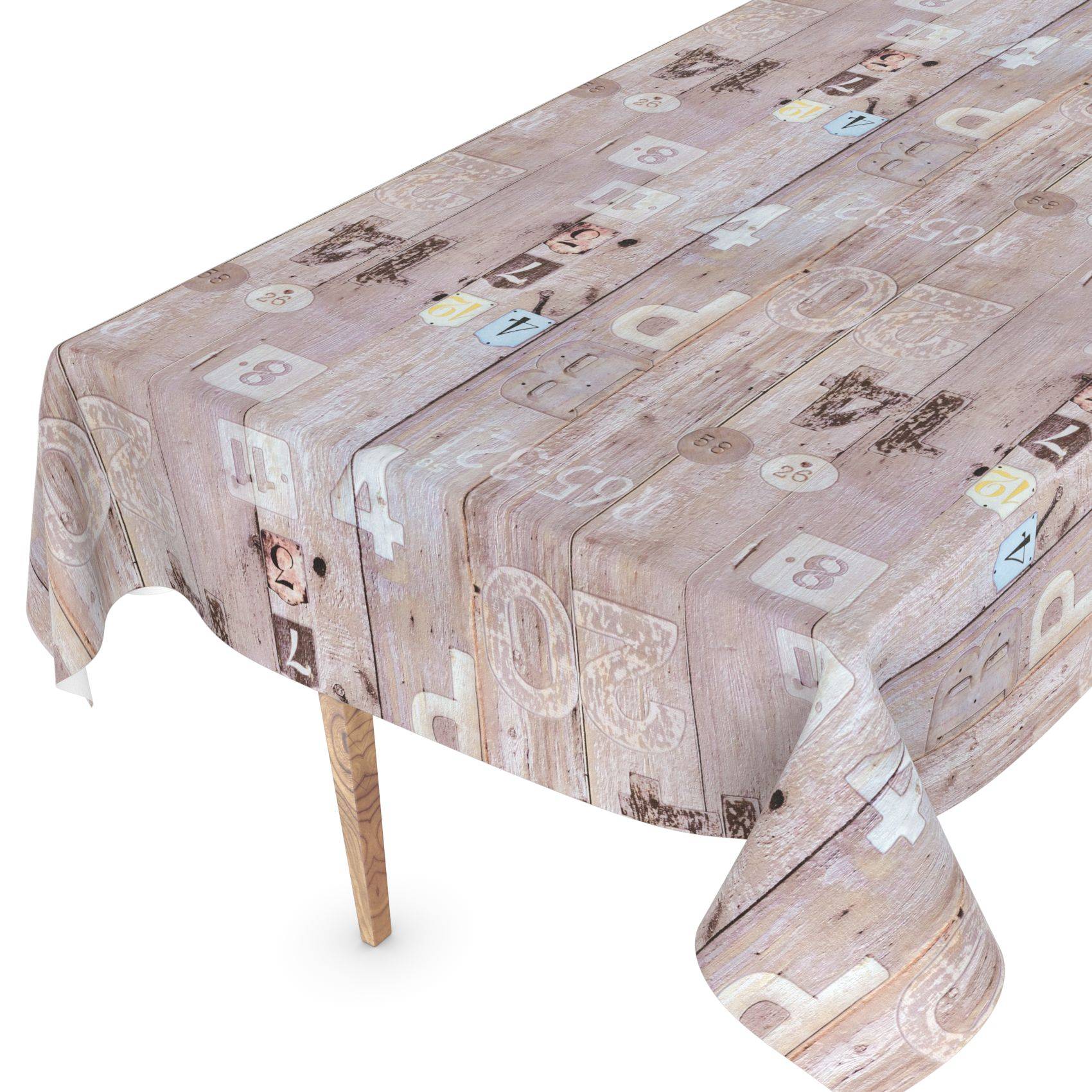 Ein kleiner quadratischer Tisch mit einer Tischdecke in hellem Holzmuster, bedruckt mit Zahlen und Buchstaben, auf weißem Hintergrund dargestellt.