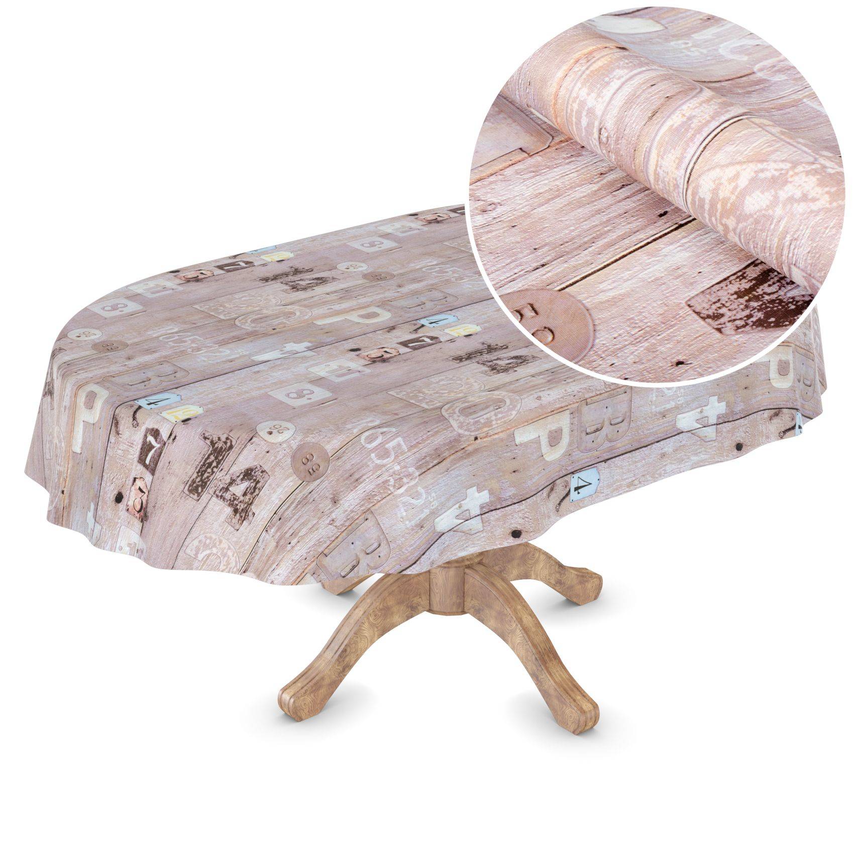 Runder gepolsterter Pouf aus bearbeitetem Patchwork-Stoff auf einer Holzsockelbasis, mit eingefügter Nahaufnahme, die das strukturierte Oberflächenmuster zeigt.