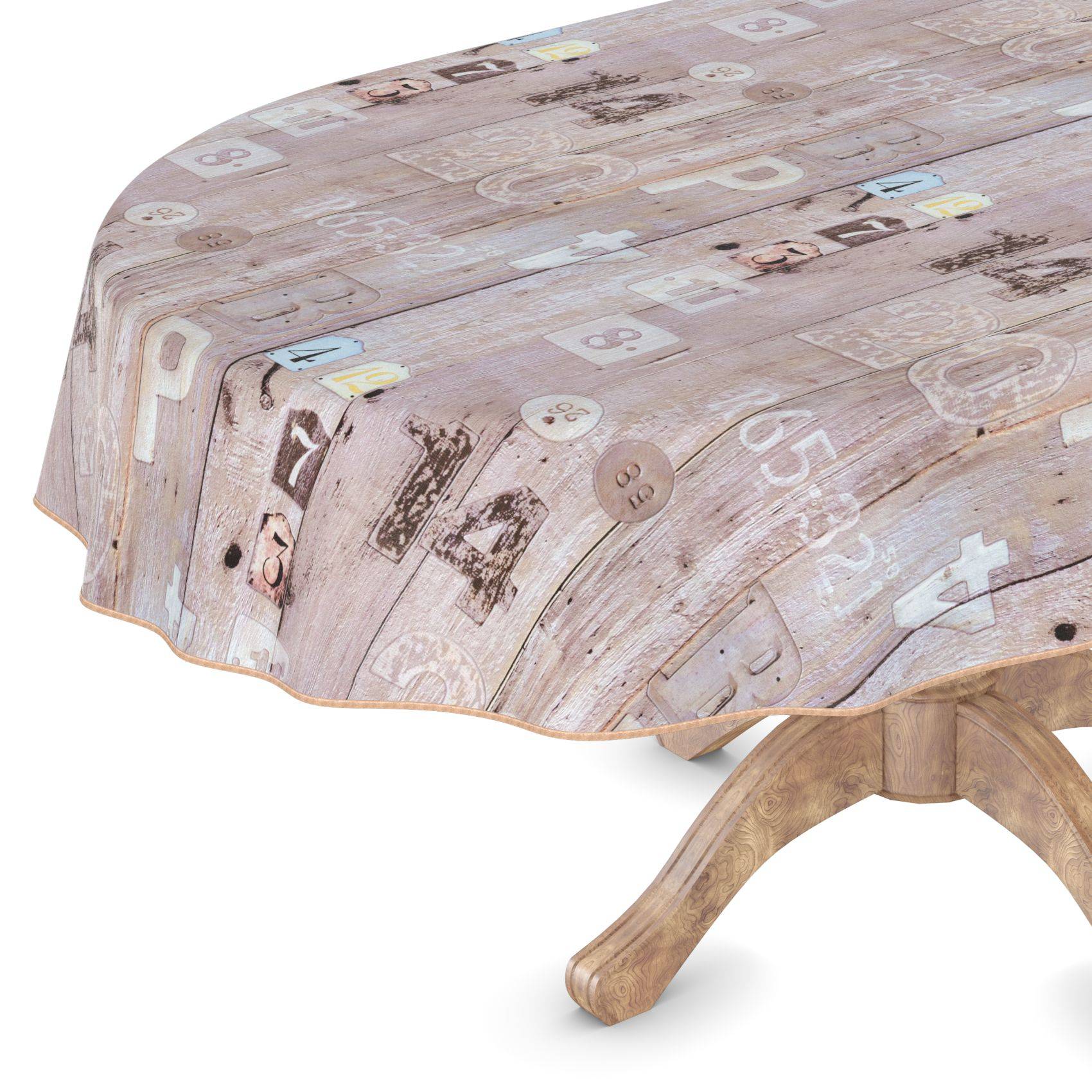 Runder Holztisch mit hellem Holzgestell und einer Patchwork-Tischplatte, bedruckt mit verblassten Zahlen und Buchstaben auf weißem Hintergrund.
