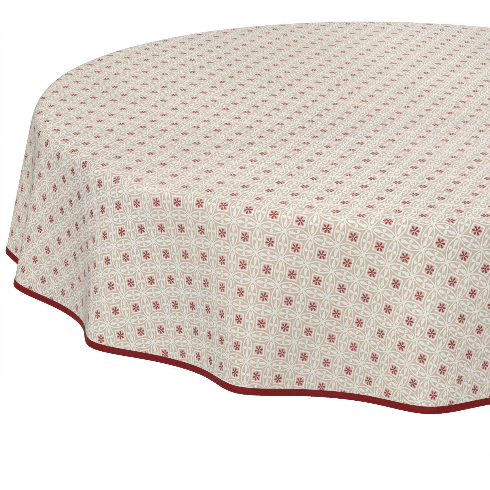 Runde Tischdecke mit Creme- und Rosageometrie-Blumenmuster und dunkelrotem Saum, über einen Tisch drapiert