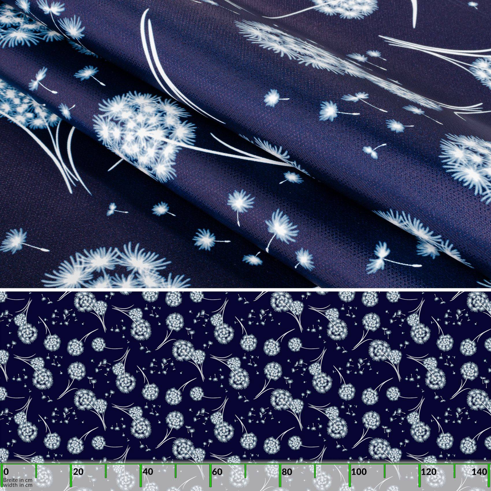 Marineblauer Blumenstoff mit weißen, löwenzahnähnlichen Drucken, gezeigt in gefalteten Mustern und einem wiederholten Muster mit einer Messskala am unteren Rand.