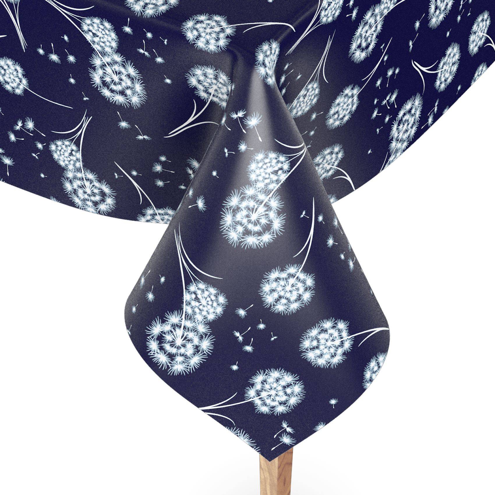 Dunkelblaue Krawatte und Hemdkragen mit weißem, löwenzahnähnlichem Blumenmuster auf einem hölzernen Schneiderpuppen-Ständer.