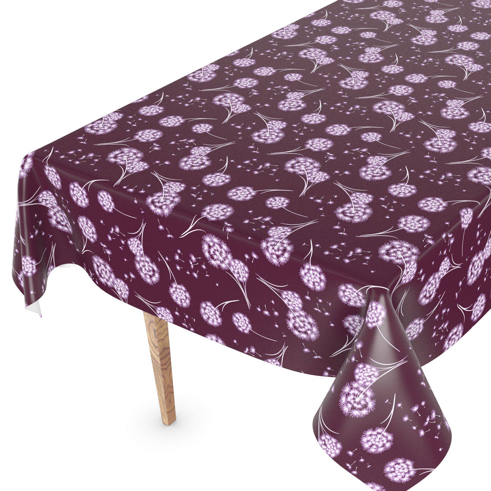 Ein rechteckiger Tisch, bedeckt mit einer dunkelvioletten Tischdecke mit Blumenmuster, die über die Kanten drapiert ist und über einer Ecke herunter hängt.