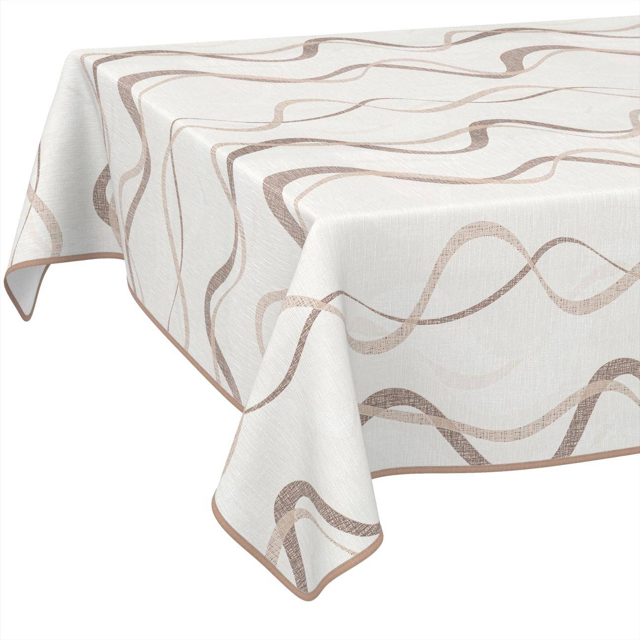 Weiße Tischdecke mit beige-farbigem Wellenlinienmuster über einem Tisch drapiert, auf schlicht weißem Hintergrund gezeigt.