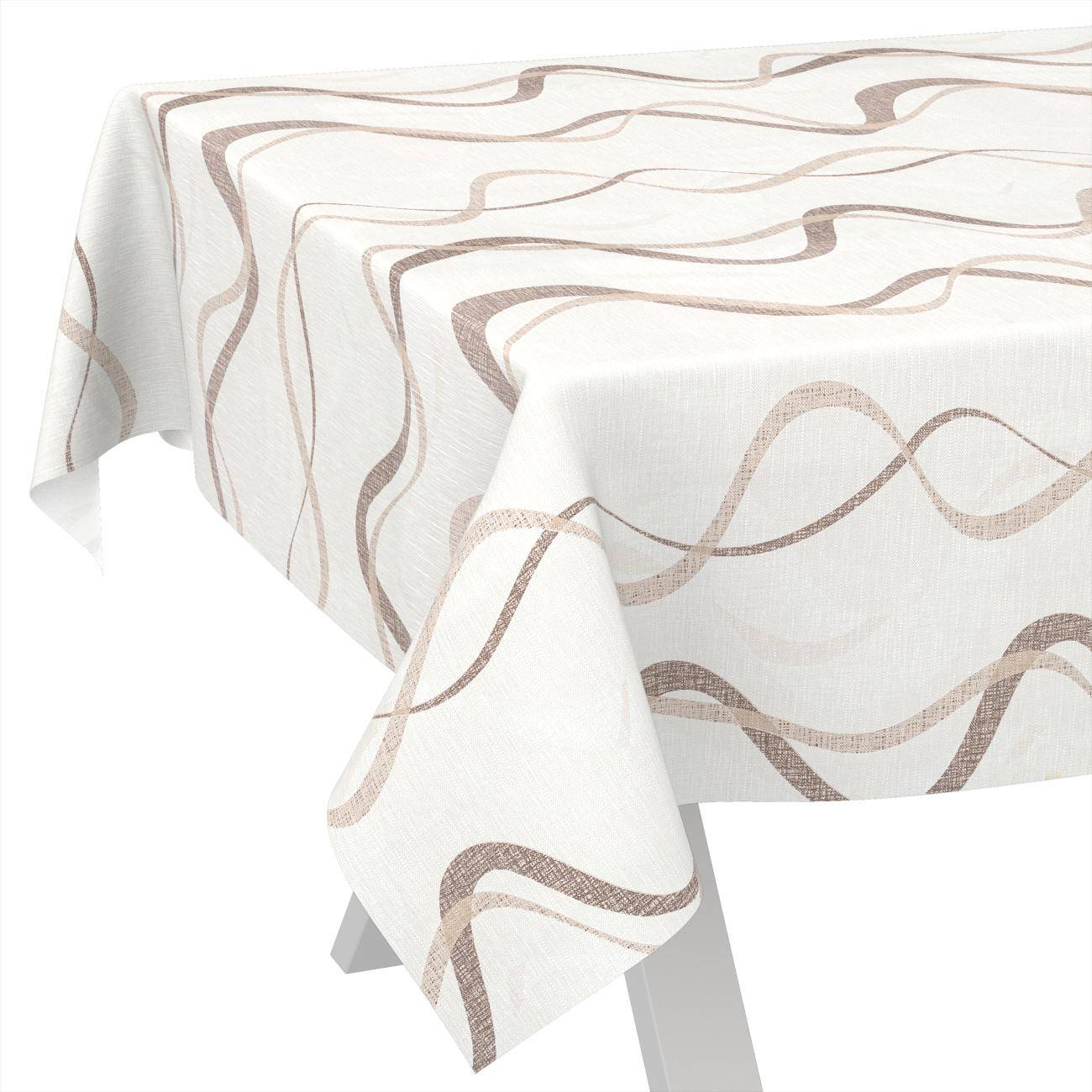 Weiße Tischdecke mit beige Wellenmuster, über einen rechteckigen Tisch drapiert