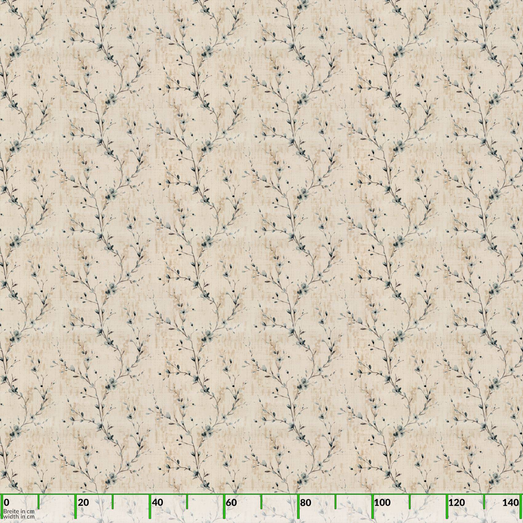Beige Blumentapetenmuster mit sich wiederholenden zarten Rankenästen und kleinen blaugrauen Blättern.