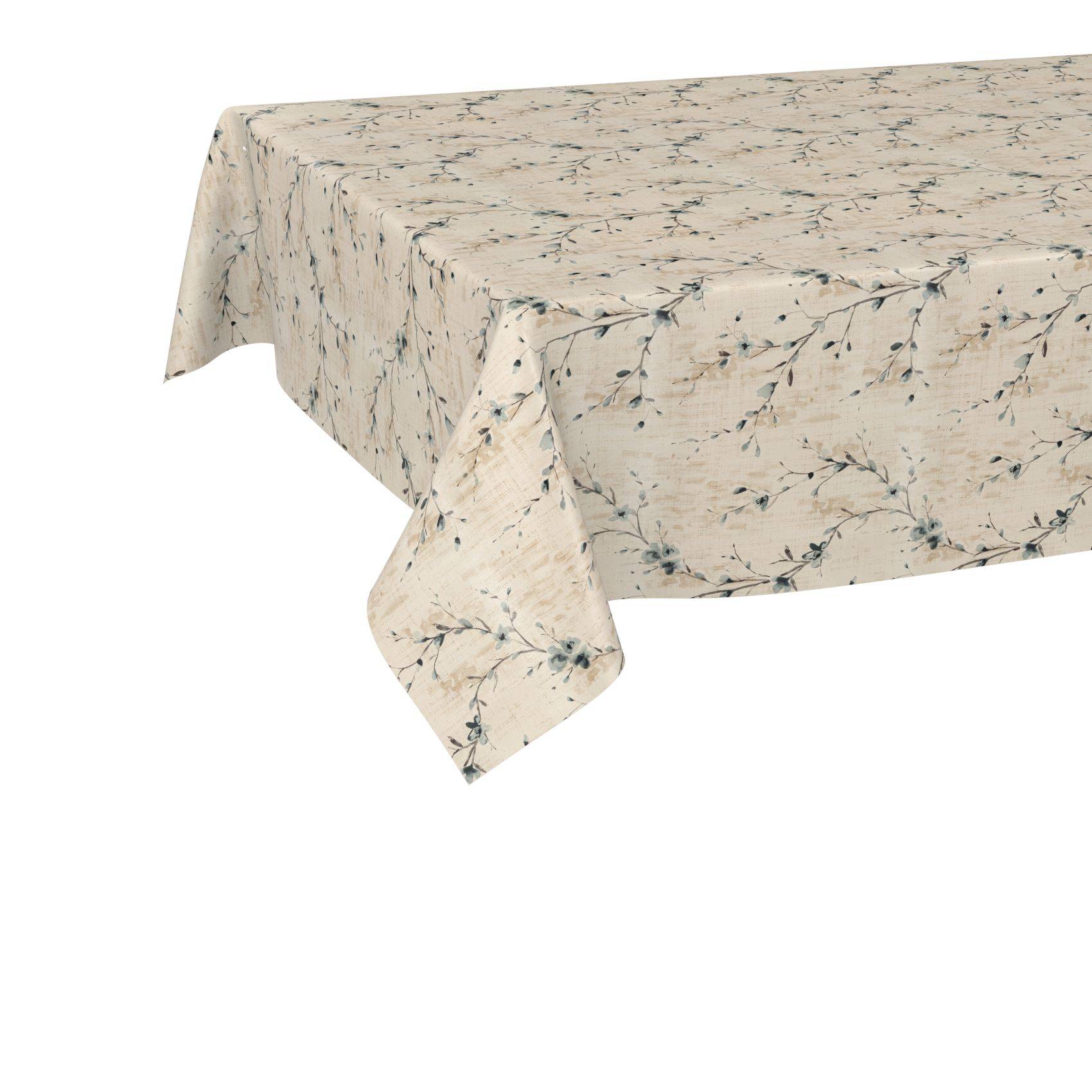 Beige Tischdecke mit Blumenmuster, über einem rechteckigen Tisch drapiert, wobei eine Ecke herunterhängt