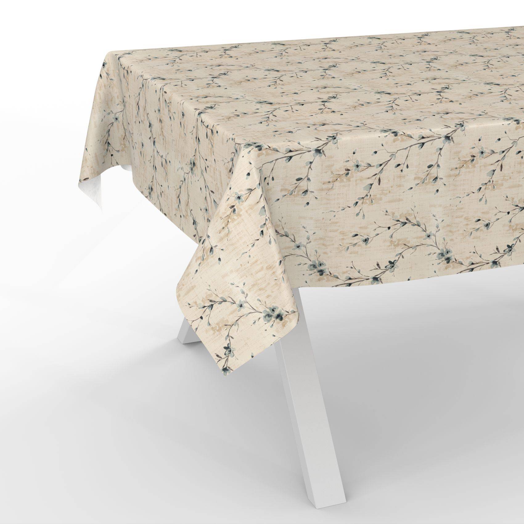 Beige Blumentischschutz, das über einen rechteckigen Tisch mit weißen Beinen auf einem einfachen weißen Hintergrund drapiert ist.