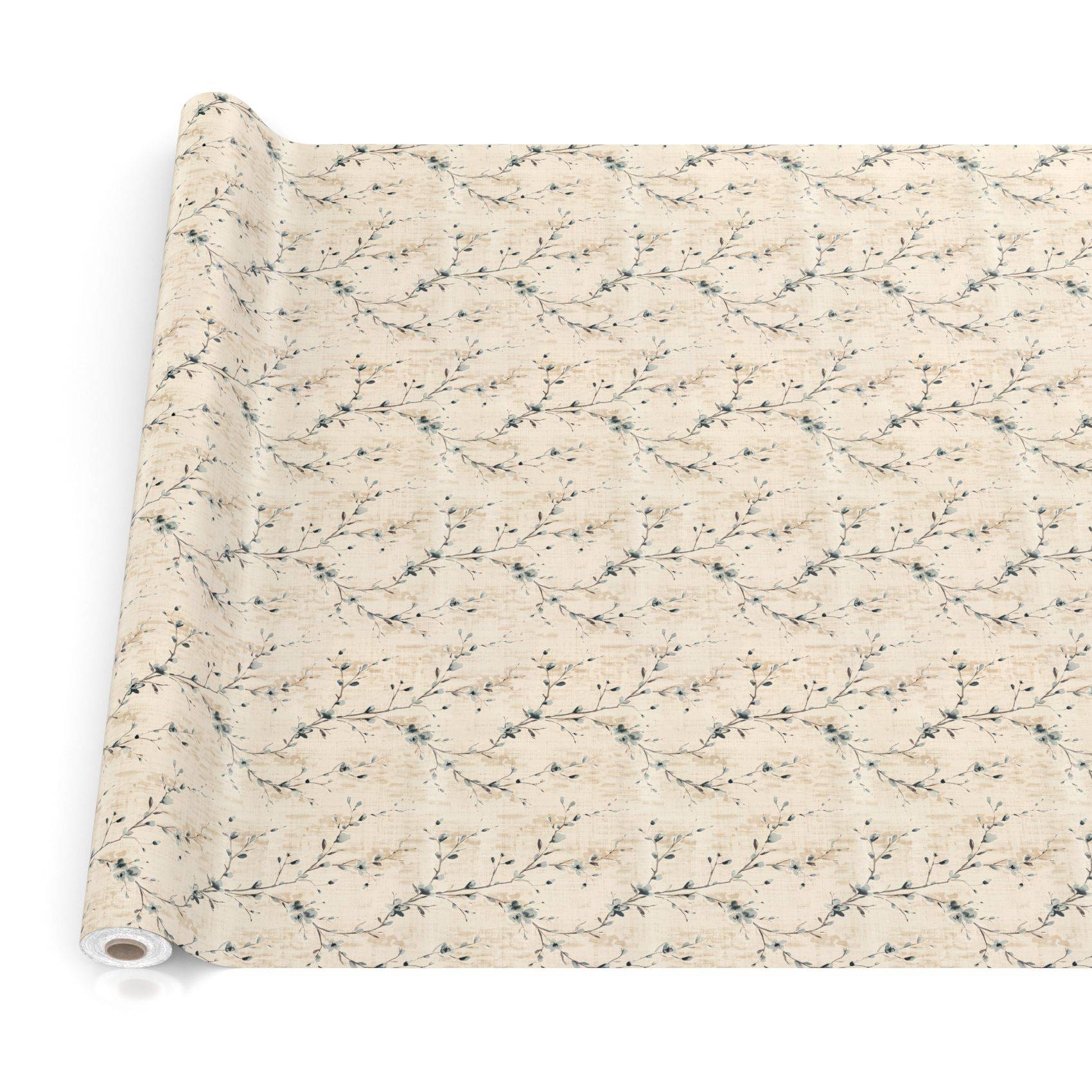 Gerollte beige Tapete mit einem zarten grauem Blumenmuster-Ranken auf weißem Untergrund.