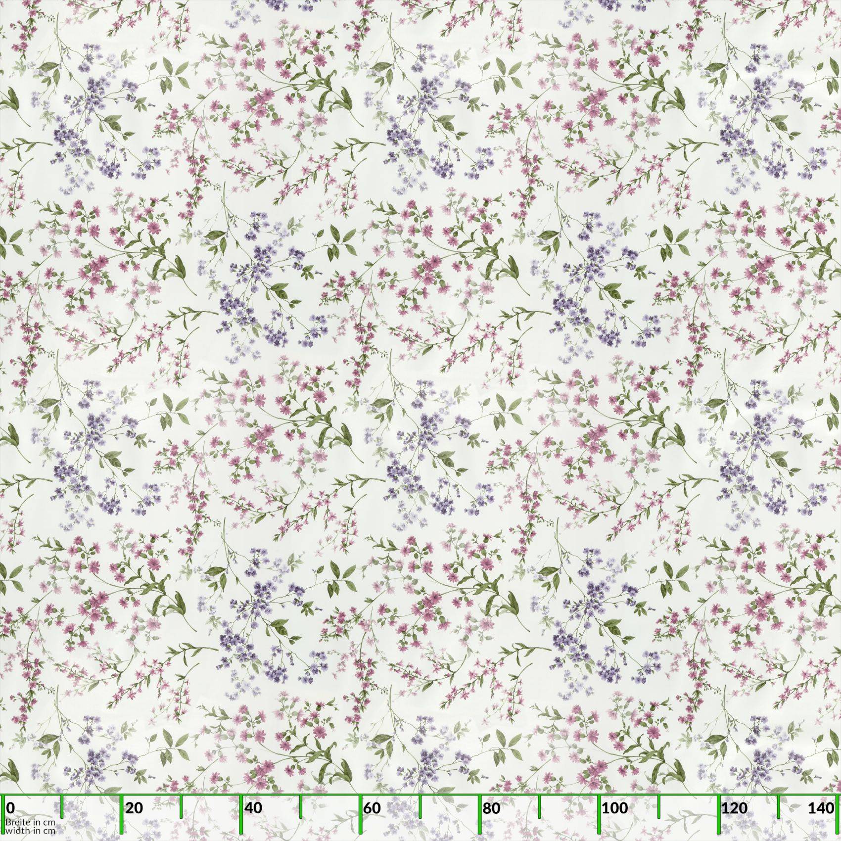 Nahtloses Blumentapeten-Muster mit kleinen rosa, lila und grünen Blüten auf weißem Hintergrund.