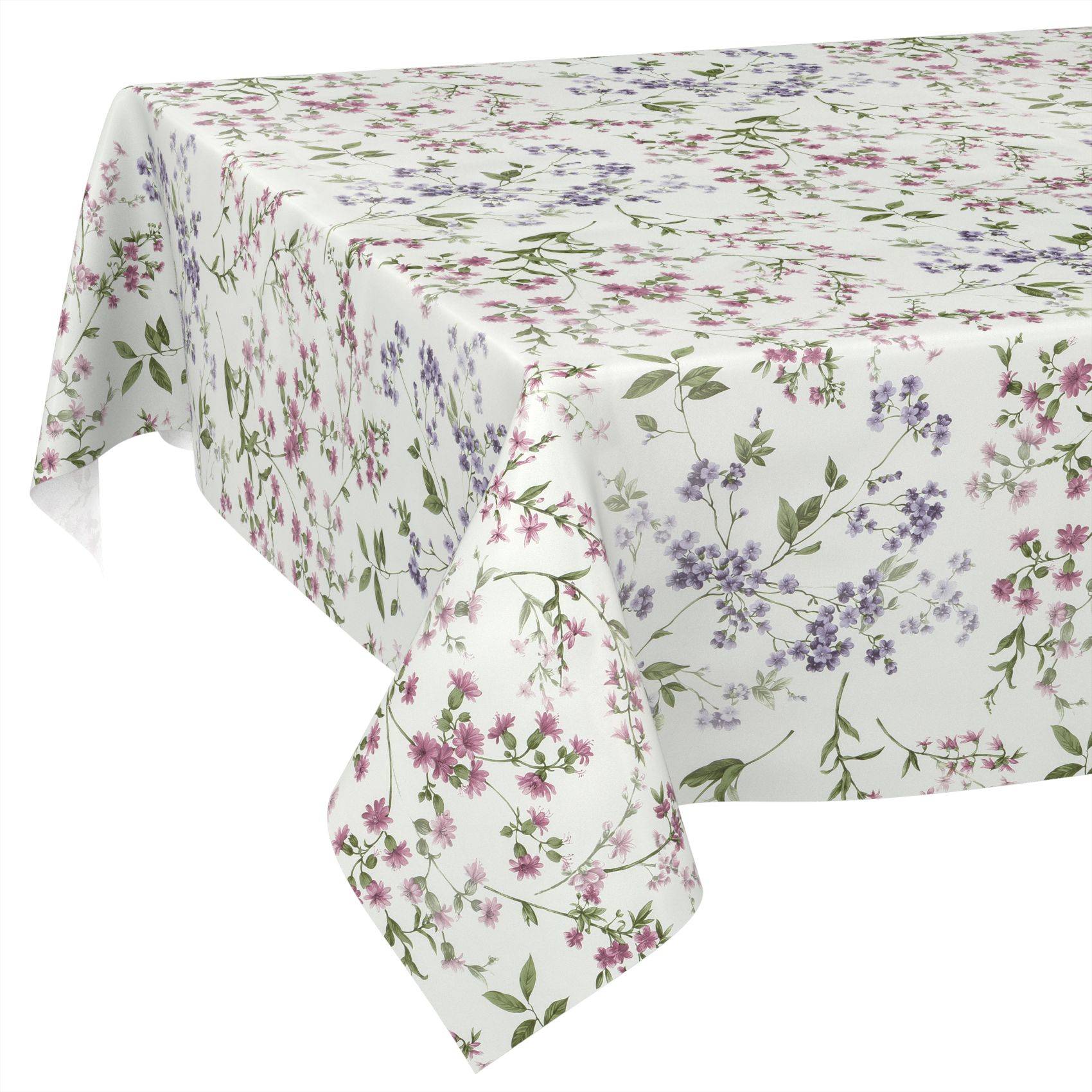 Blumige Tischdecke mit rosa, violetten und grünen Blüten auf weißem Hintergrund, die über einen rechteckigen Tisch drapiert ist.