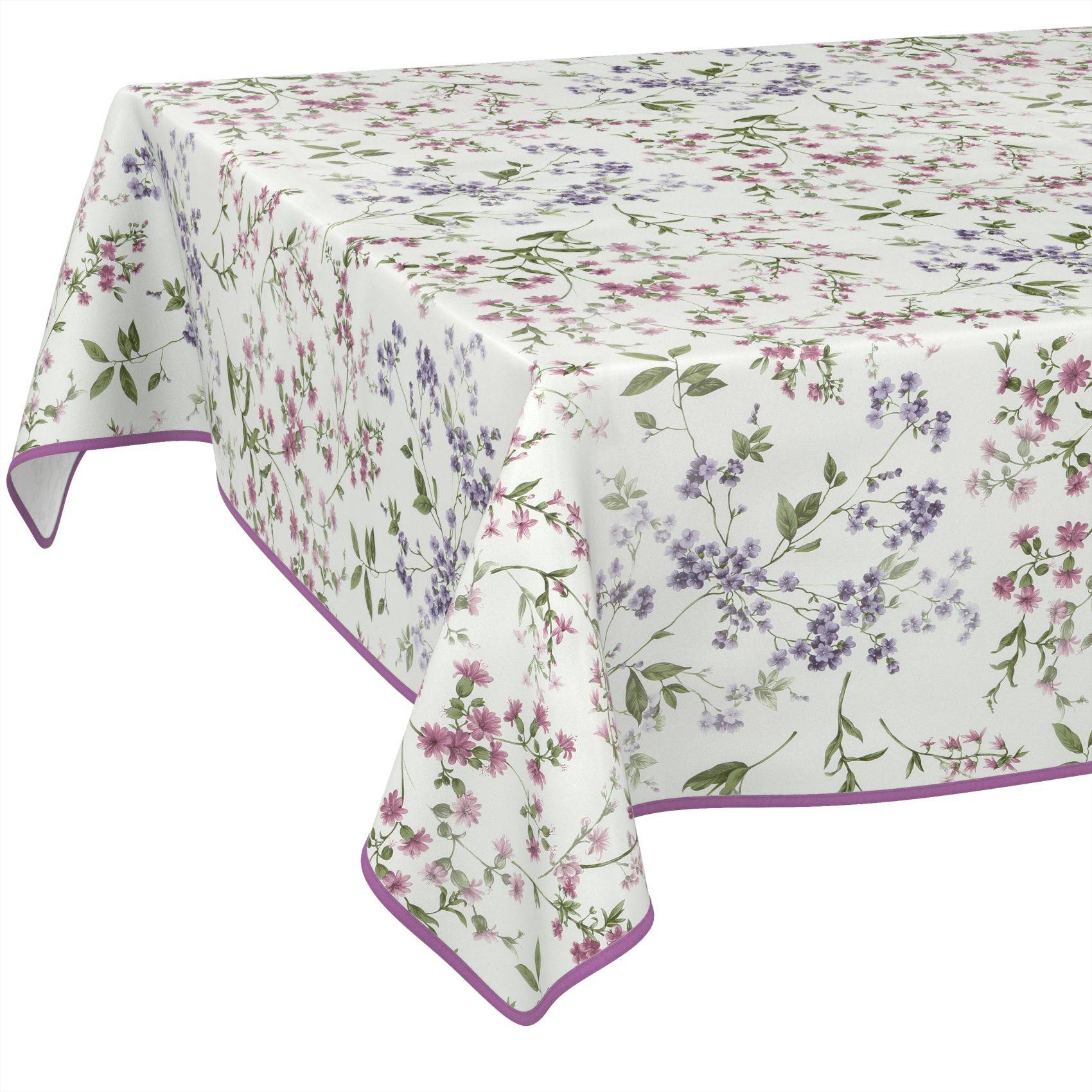 Rechteckige Tischdecke mit weißem Hintergrund und rosa, lila und grünem Blumenmuster, eingefasst mit lilafarbener Borte.