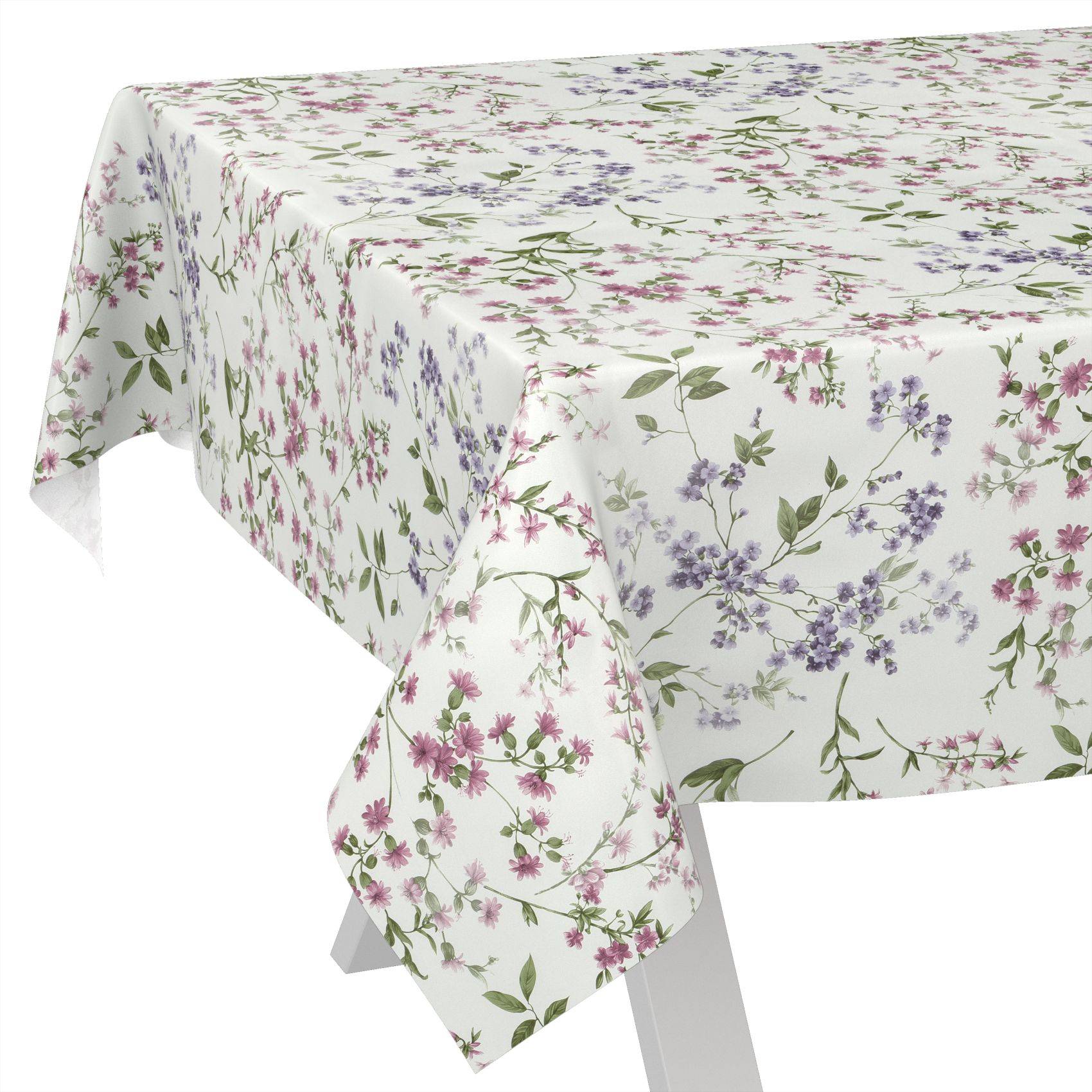Rechteckige Tischdecke mit weißem Hintergrund und verstreutem rosa, lila und grünem Blumenmuster, das über einen Tisch drapiert ist.