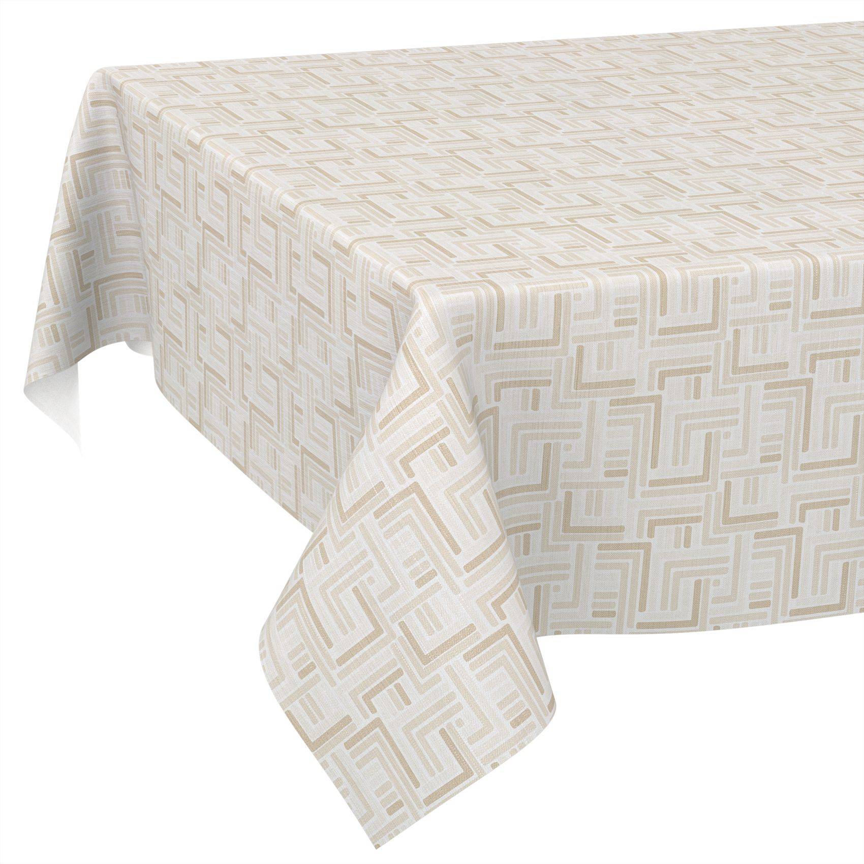 Beige gemustertes Tischtuch, das über einem rechteckigen Tisch drapiert ist, in einem produktstilisierten Bild auf weißem Hintergrund gezeigt.
