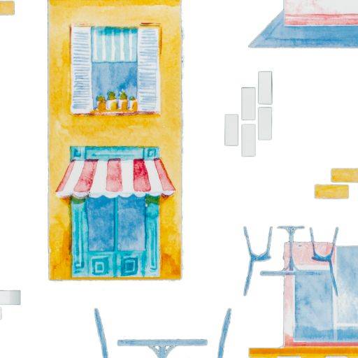 Aquarellillustration einer gelben Gebäudefassade mit einem Fenster und einer gestreiften Markise, sowie einem Terrassentisch und Stühlen auf weißem Hintergrund.