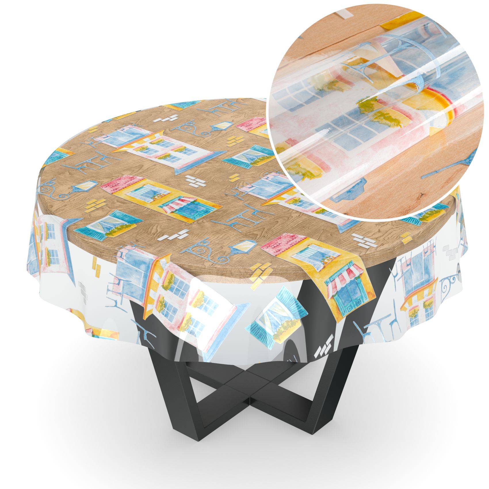 Runder Tisch mit gemustertem Tischtuch, mit einer Nahaufnahme im Inset, die das klare Schutzüberzugsmaterial oben zeigt.