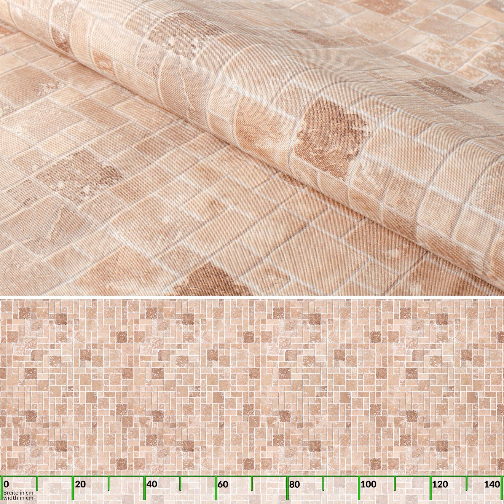 Beige-farbene Fliesenbeläge mit einem geschwungenen Stufen- oder Bordürendetail, dargestellt über einem Mosaikfliesenmuster und einer 0-140-cm-Skala als Größenreferenz.