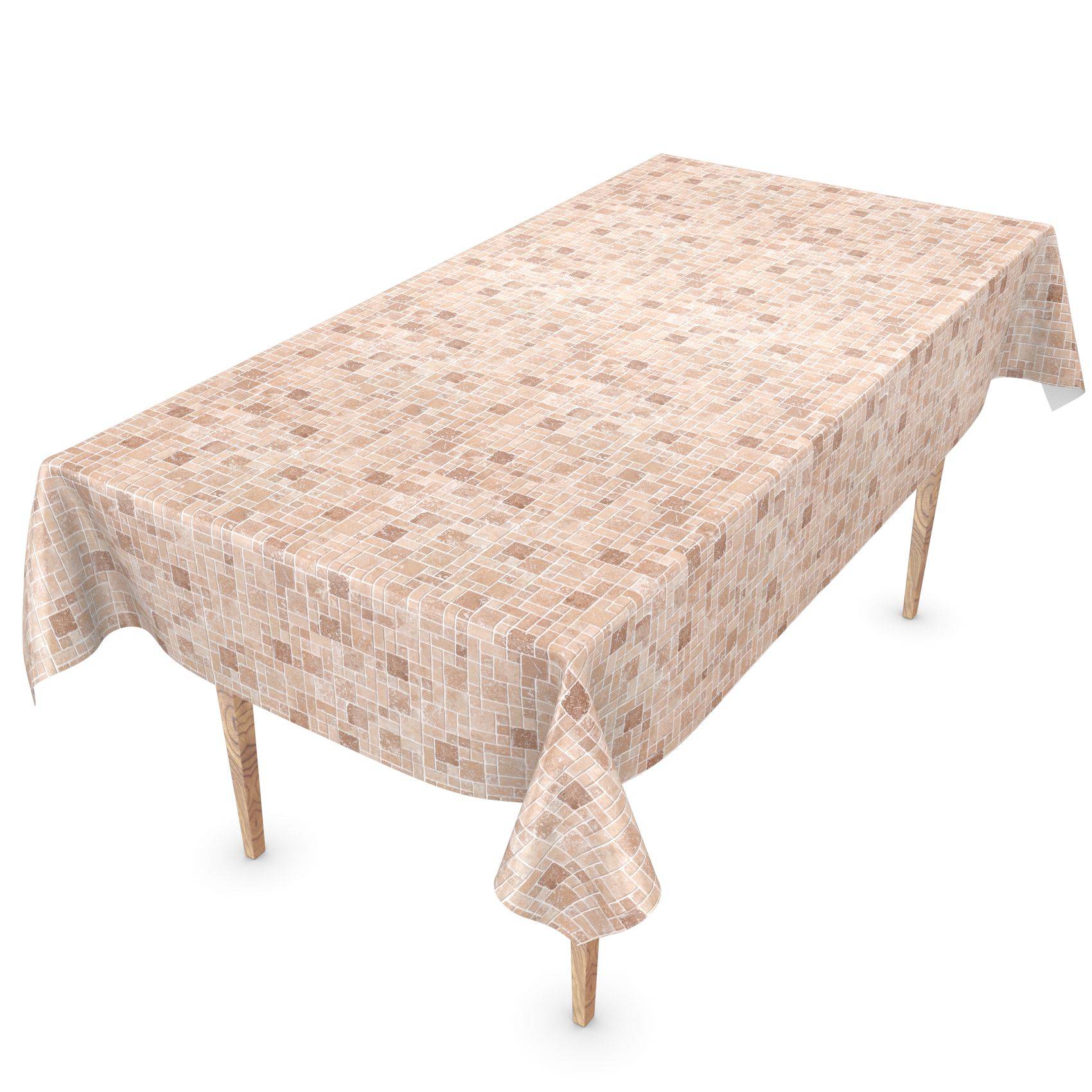 Rechteckiger Tisch mit einer beigen gemusterten Tischdecke auf weißem Hintergrund.