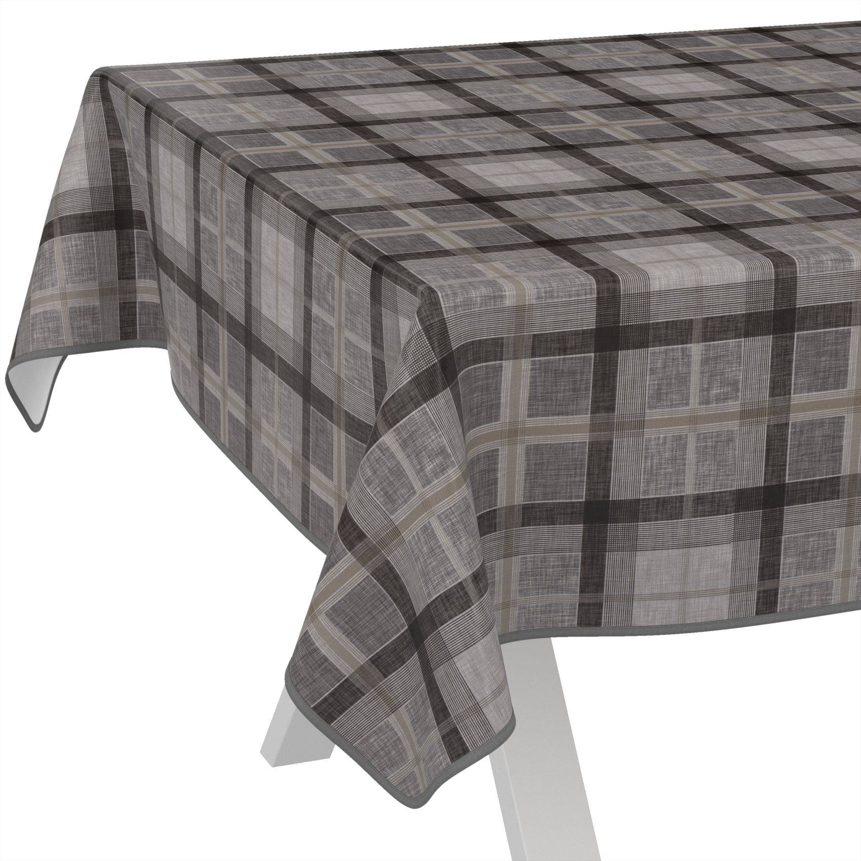 Graue Plaid-Tischdecke über einem rechteckigen Tisch auf weißem Hintergrund drapiert.