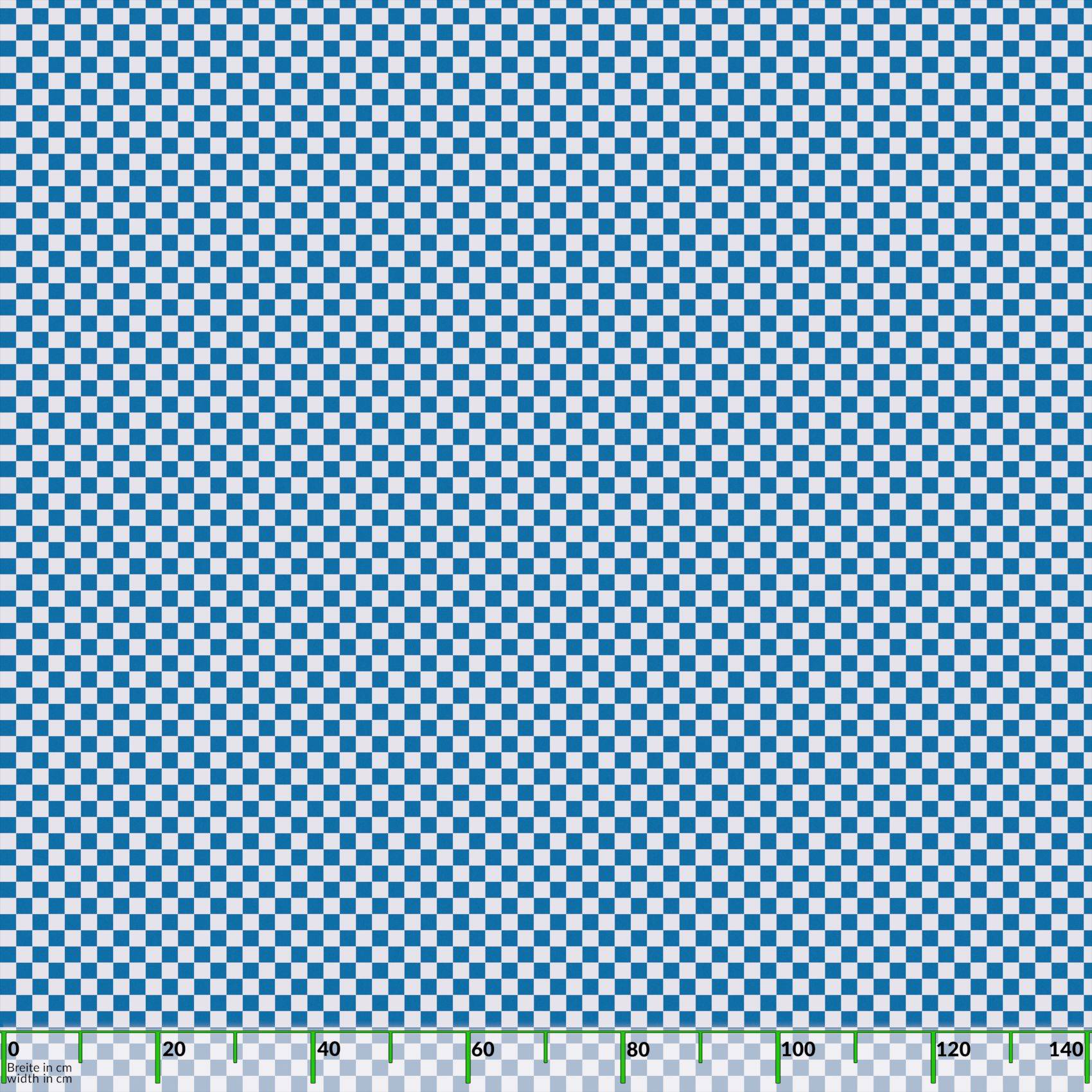 Blau-weißes Schachbrett-Kalibrierungsbild mit einer Messskala am unteren Rand, die von 0 bis 140 beschriftet ist.
