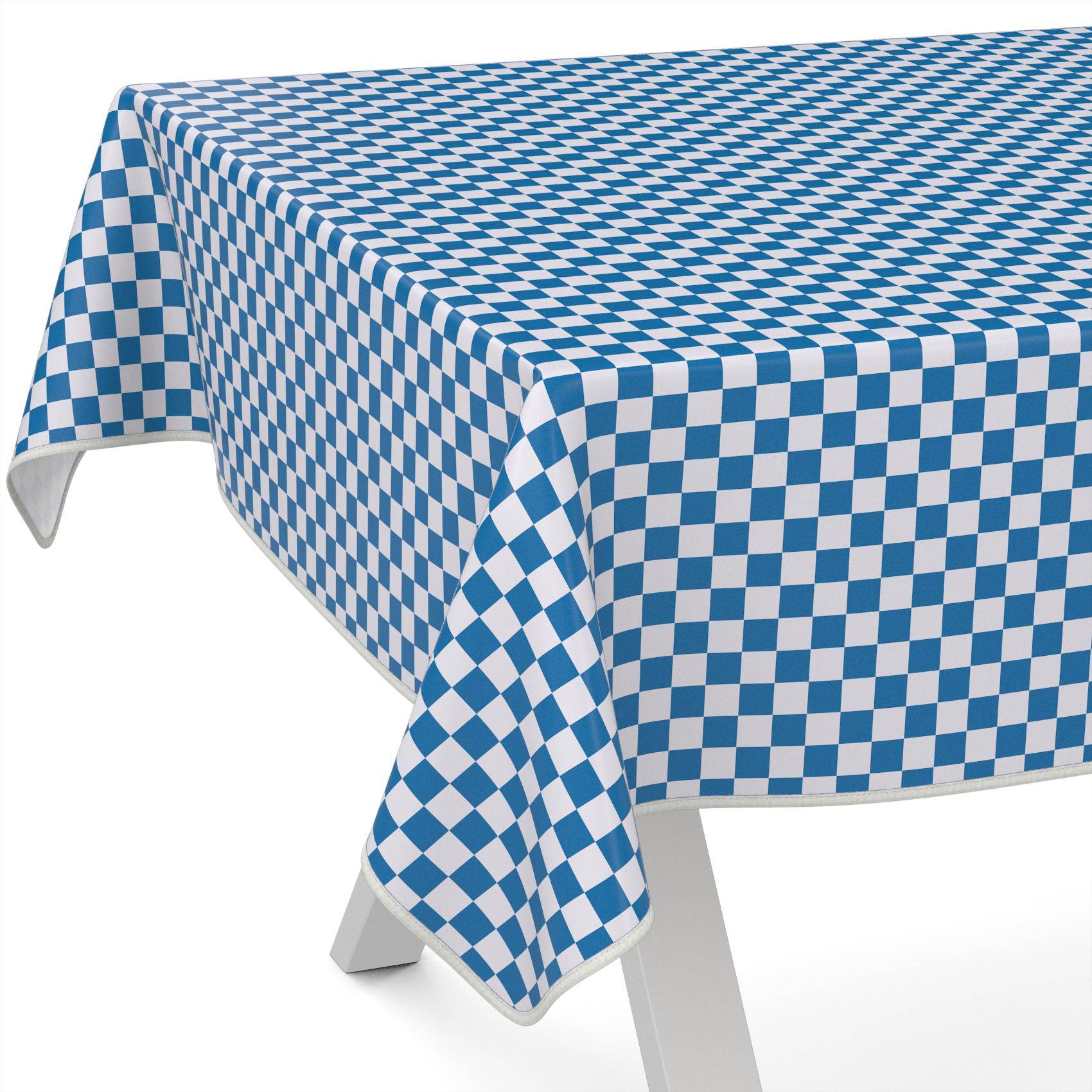 Blau-weiß kariertes Tischtuch, das über einem rechteckigen Tisch auf weißem Hintergrund drapiert ist.
