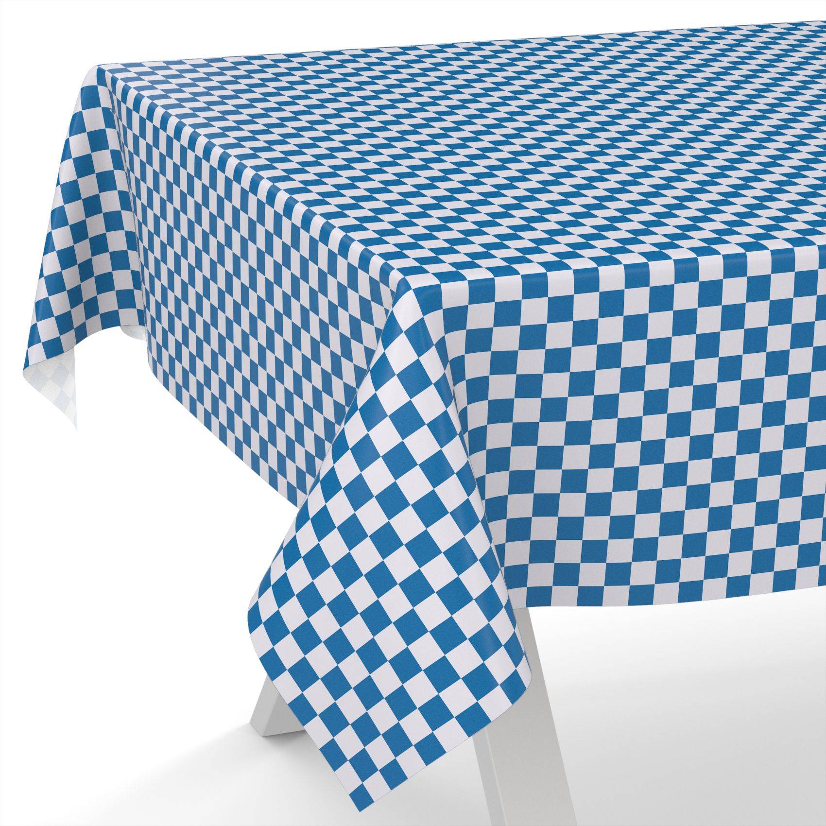 Blau-weiß kariertes Tischtuch, das über einen rechteckigen Tisch auf einem einfachen weißen Hintergrund drapiert ist.