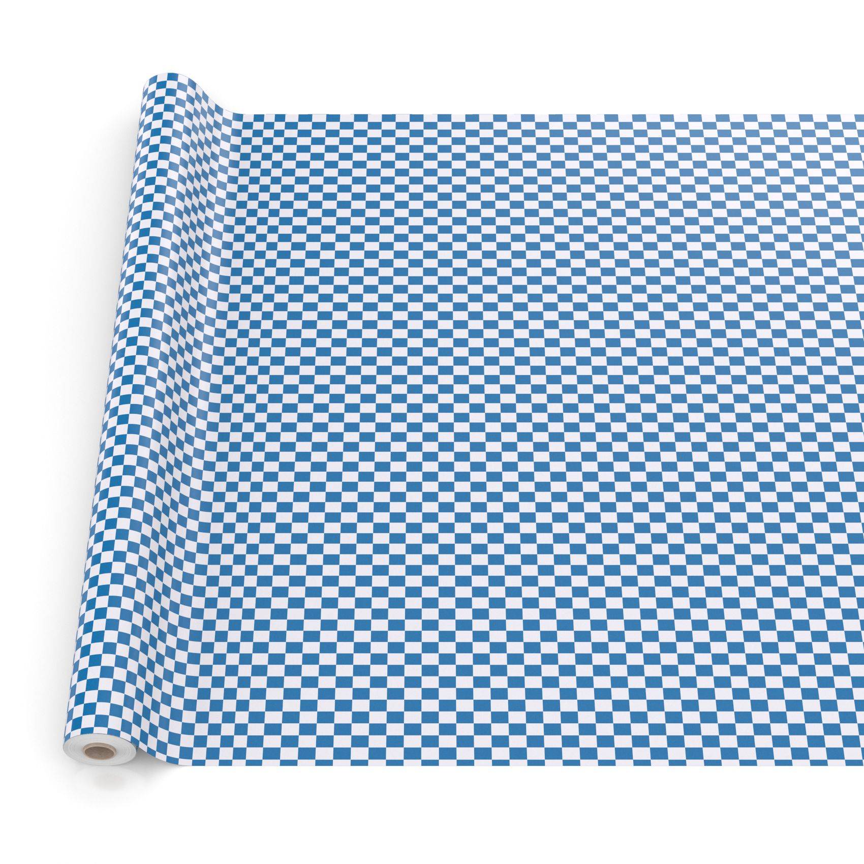Gerollte Rolle aus blau-weiß kariertem Haftpapier oder Vinyl auf weißem Hintergrund.