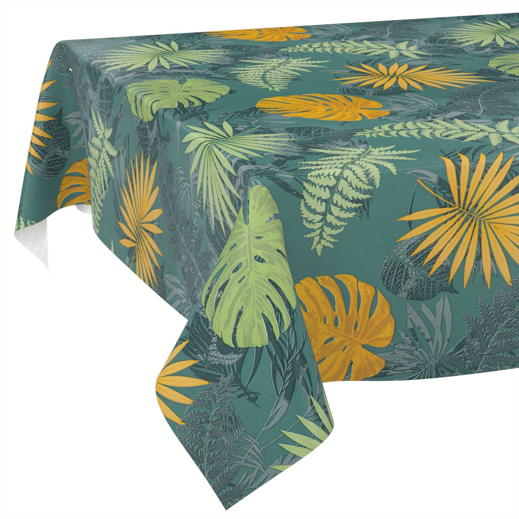 Grüne Tischdecke mit tropischem Blatt- und Palmenprint in Teal, Limette und Gold, drapiert über einen Tisch vor weißem Hintergrund.