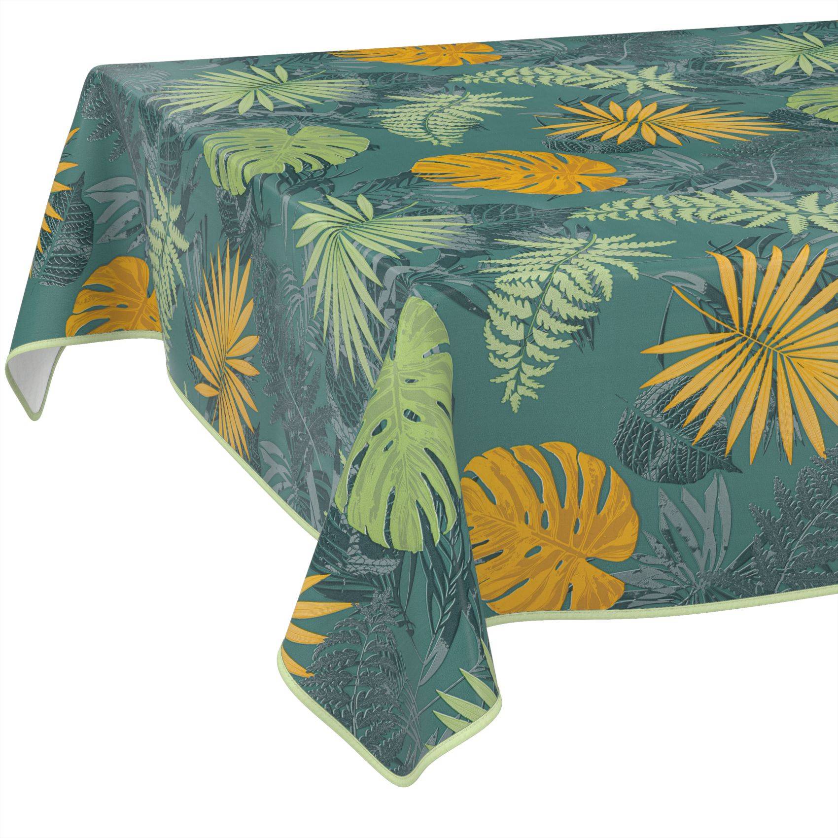 Tischdecke mit tropischem Blatt- und Palmenprint in Blaugrün, Grün und Gelb, über einen Tisch drapiert.