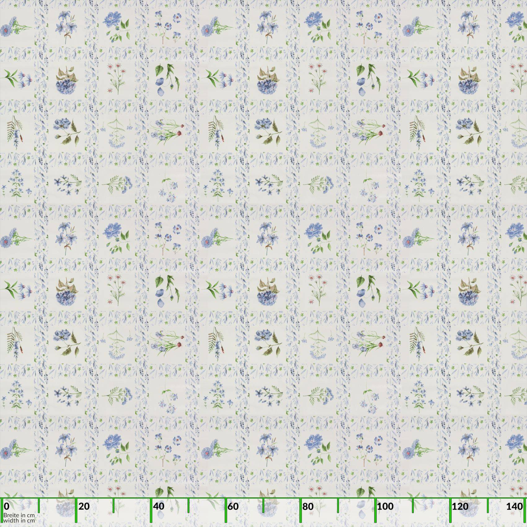 Dekoratives botanisches Stoffmuster mit kleinen blauen und grünen Blüten auf hellem Hintergrund, dargestellt mit einer Messskala von 0–140 cm entlang der Unterseite.