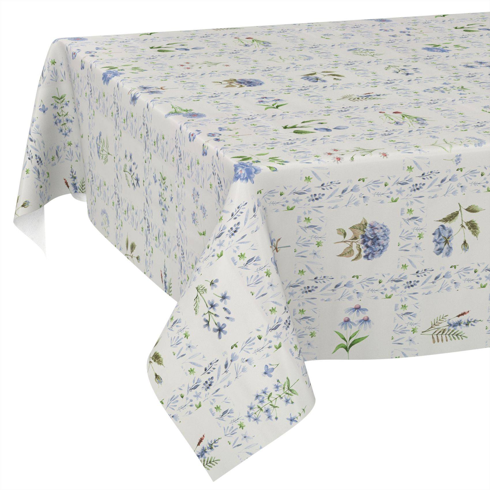 Weiße Tischdecke mit blauem und grünem botanischem Blumenmuster, über einem Tisch drapiert dargestellt.