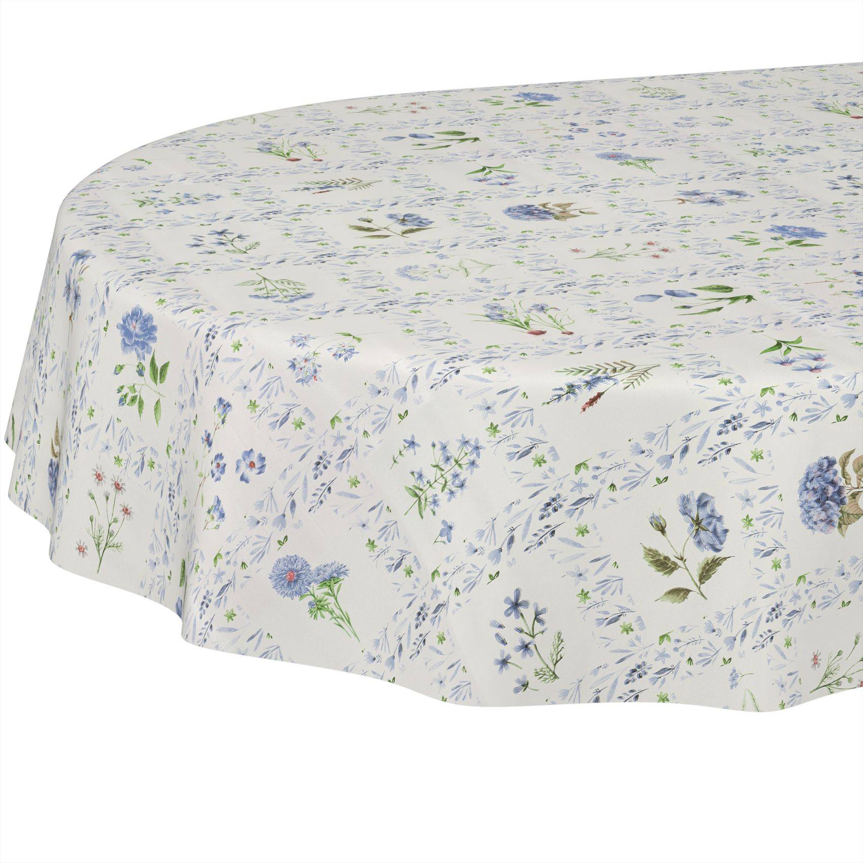 Weiße Tischdecke mit zartem blau- und grünem Blumenmuster, die über einen runden Tisch drapiert ist.
