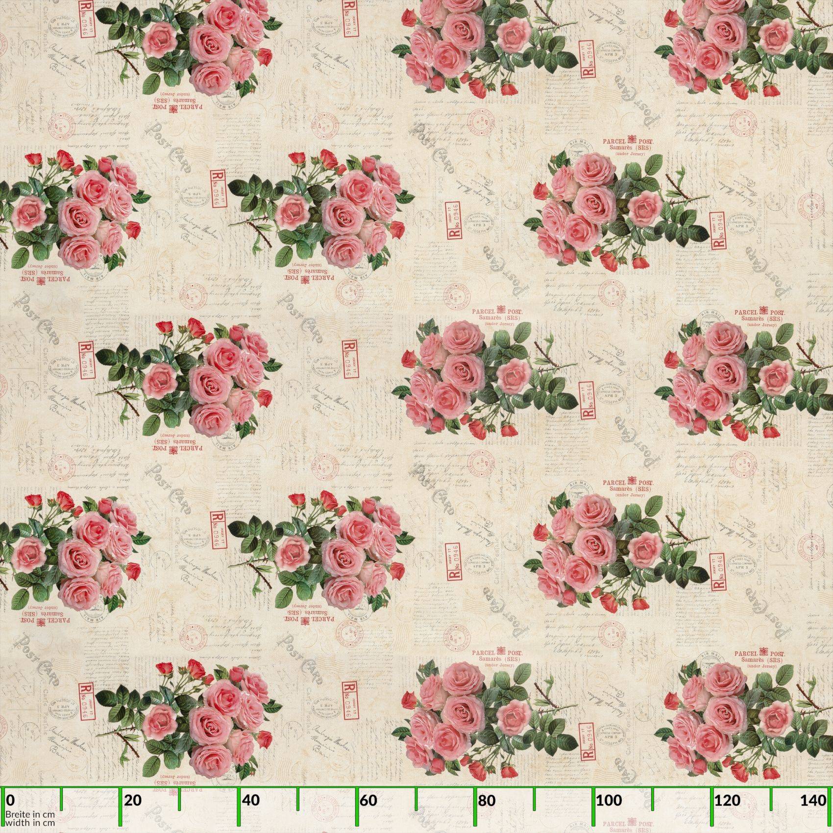 Nahtloses Blumenmuster aus rosa Rosensträußen mit grünen Blättern auf beigem Vintage-Schrift-Hintergrund mit einer Linealskalierung entlang des unteren Rands.