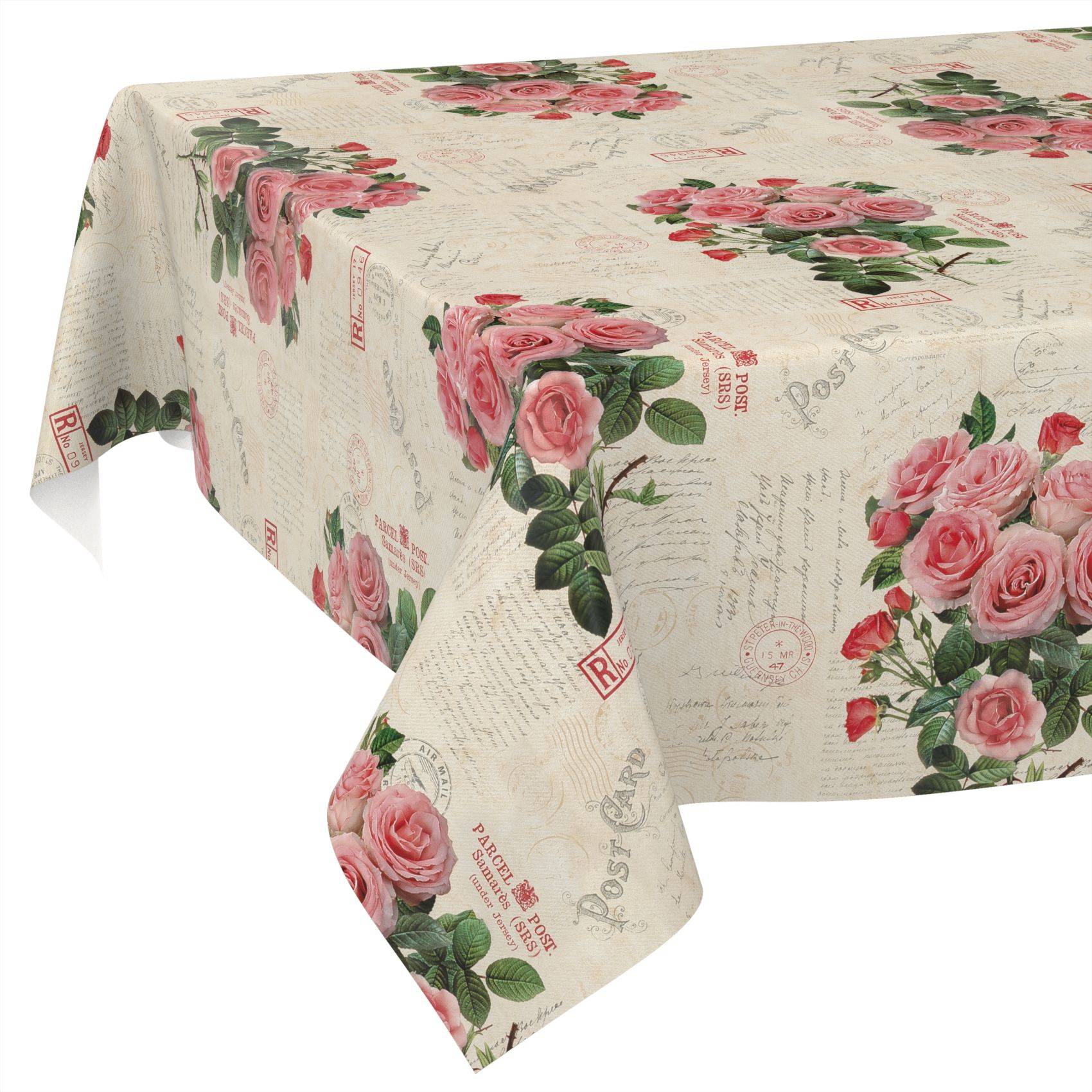 Creme-Tischdecke mit rosa Rosensträußen und Vintage-Postkarten-Stil-Textdruck.