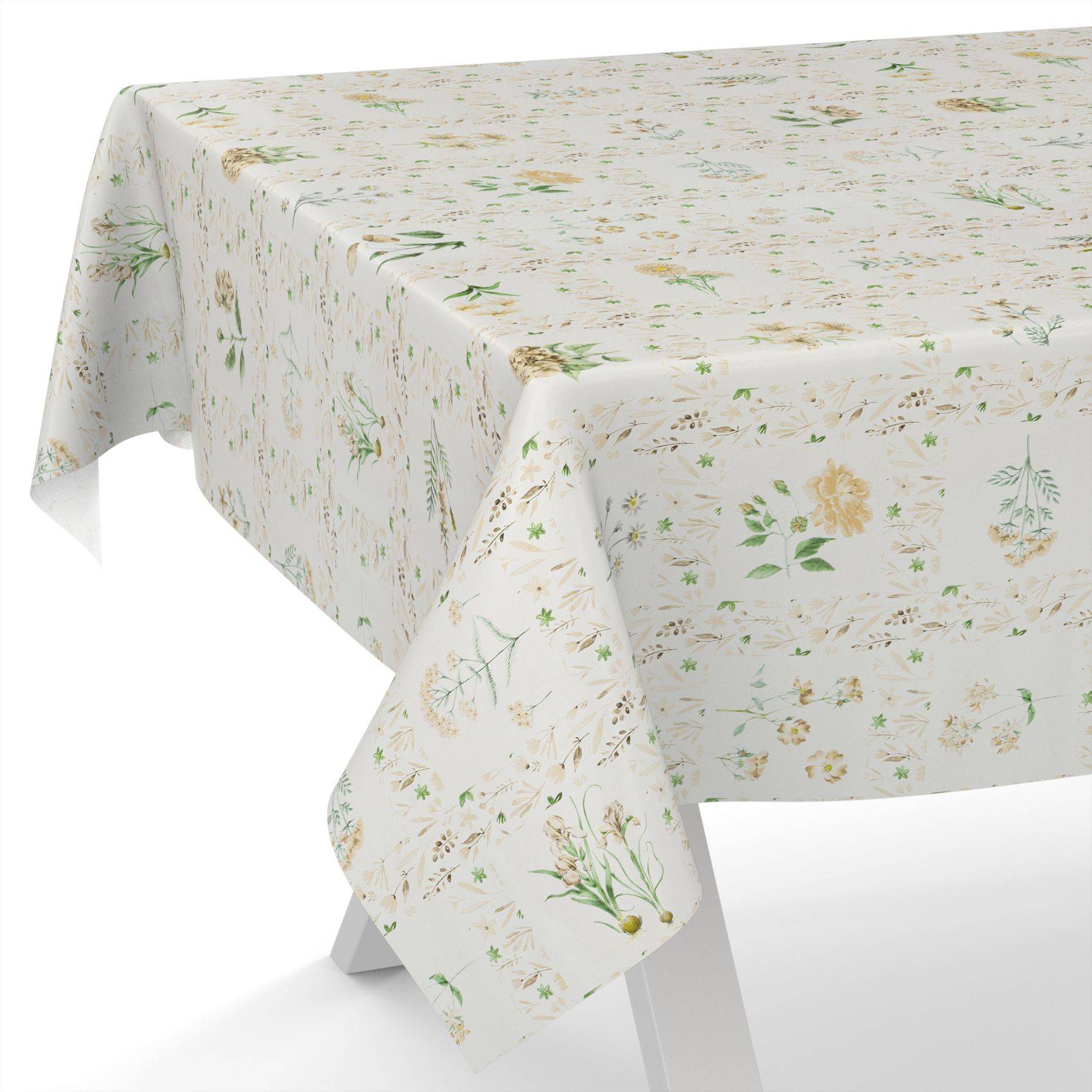 Weiße Tischdecke mit zartem Blumenmuster über einem rechteckigen Tisch drapiert.