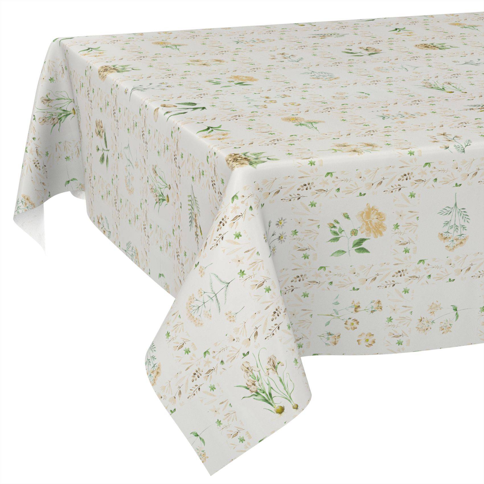 Weiße Tischdecke mit einem zarten grünen und gelben Blumenmuster, drapiert über einen rechteckigen Tisch.