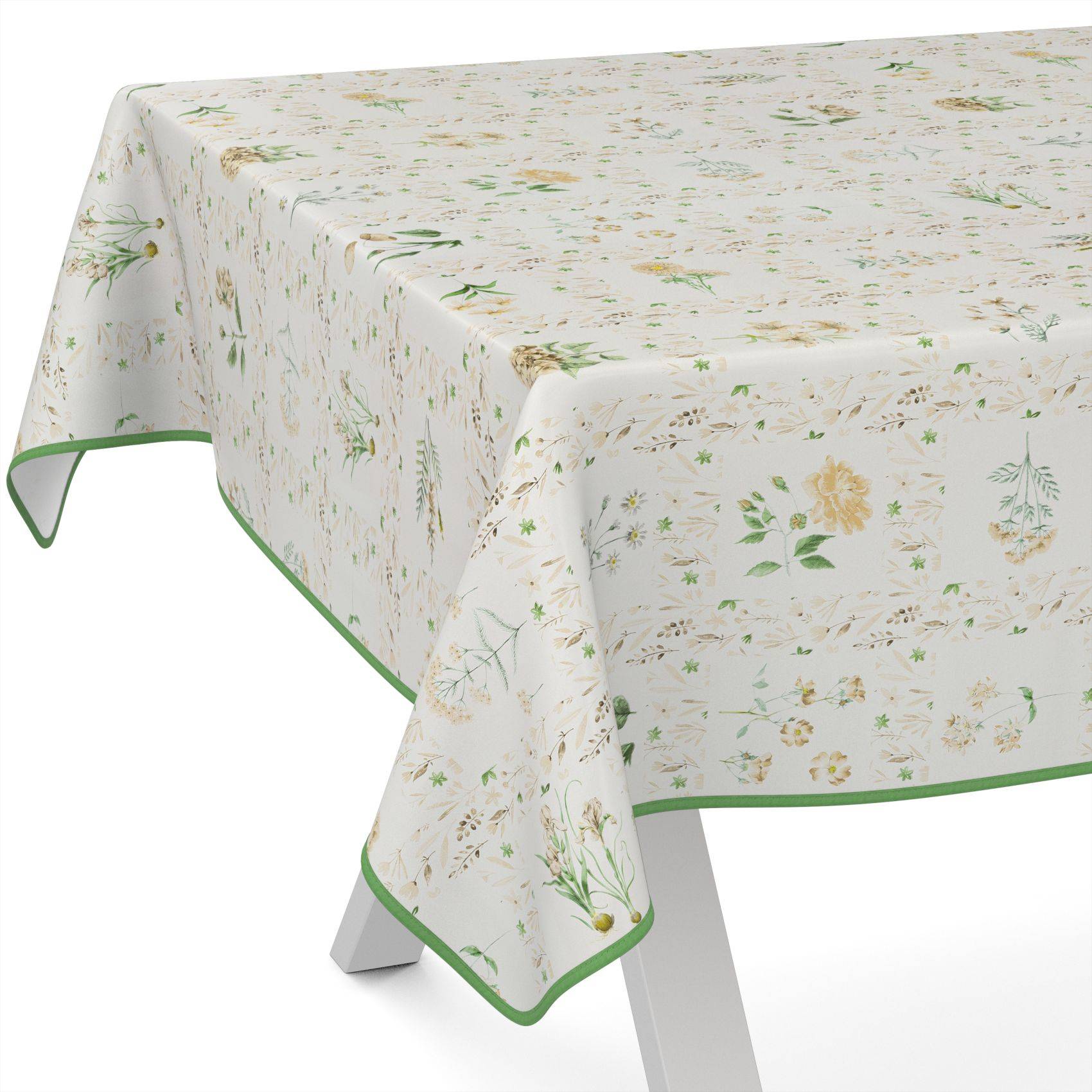 Rechteckige Tischdecke mit hellem Blumenmuster und grünem Rand über einen Tisch auf weißem Hintergrund drapiert.