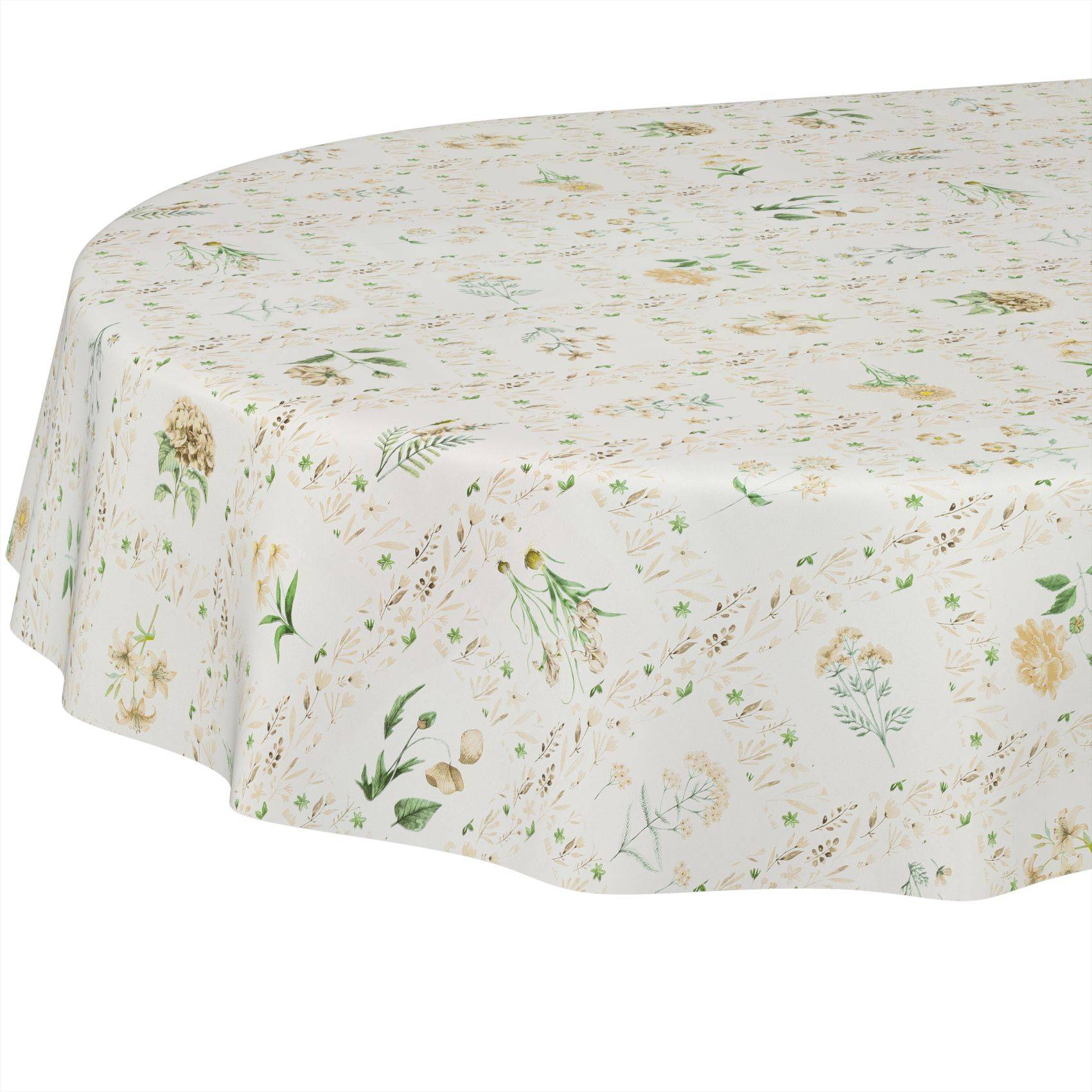 Runde Tischdecke mit einem zarten weiß gedruckten Blüten- und Grünwerk-Muster, über einen Tisch drapiert vor einem schlichten weißen Hintergrund.