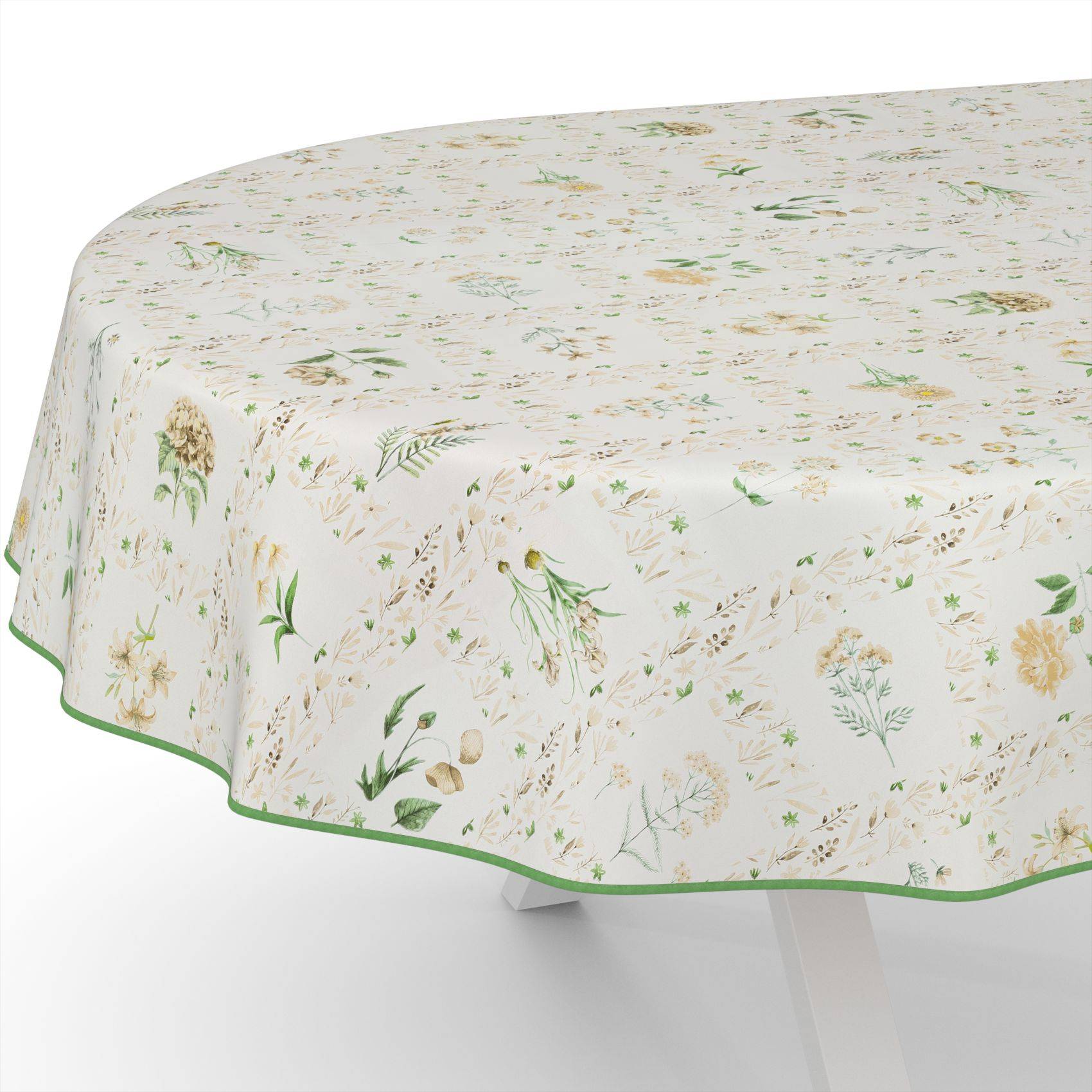 Weiße Tischdecke mit zartem grünem und gelbem Blumenmuster und grünem Saum, über einen Tisch drapiert.