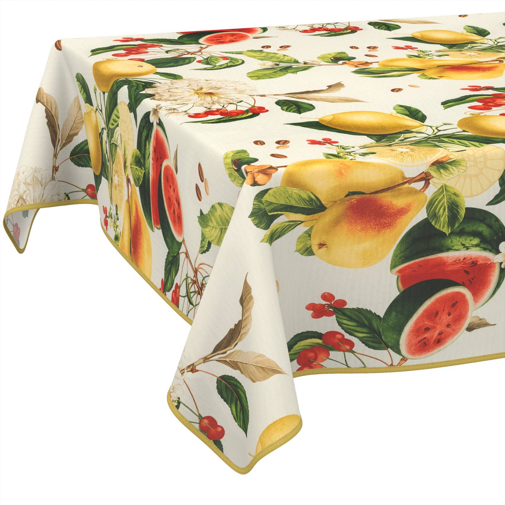 Tischdecke mit Fruchtmuster mit Birnen, Wassermelone, Kirschen und Blättern auf cremefarbenem Hintergrund.
