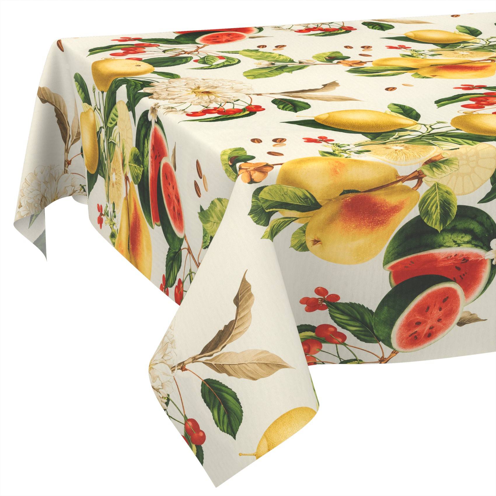 Ein weißes Tischtuch mit buntem Fruchtdruck, einschließlich Zitronen, Birnen, Wassermelonen und Beeren.