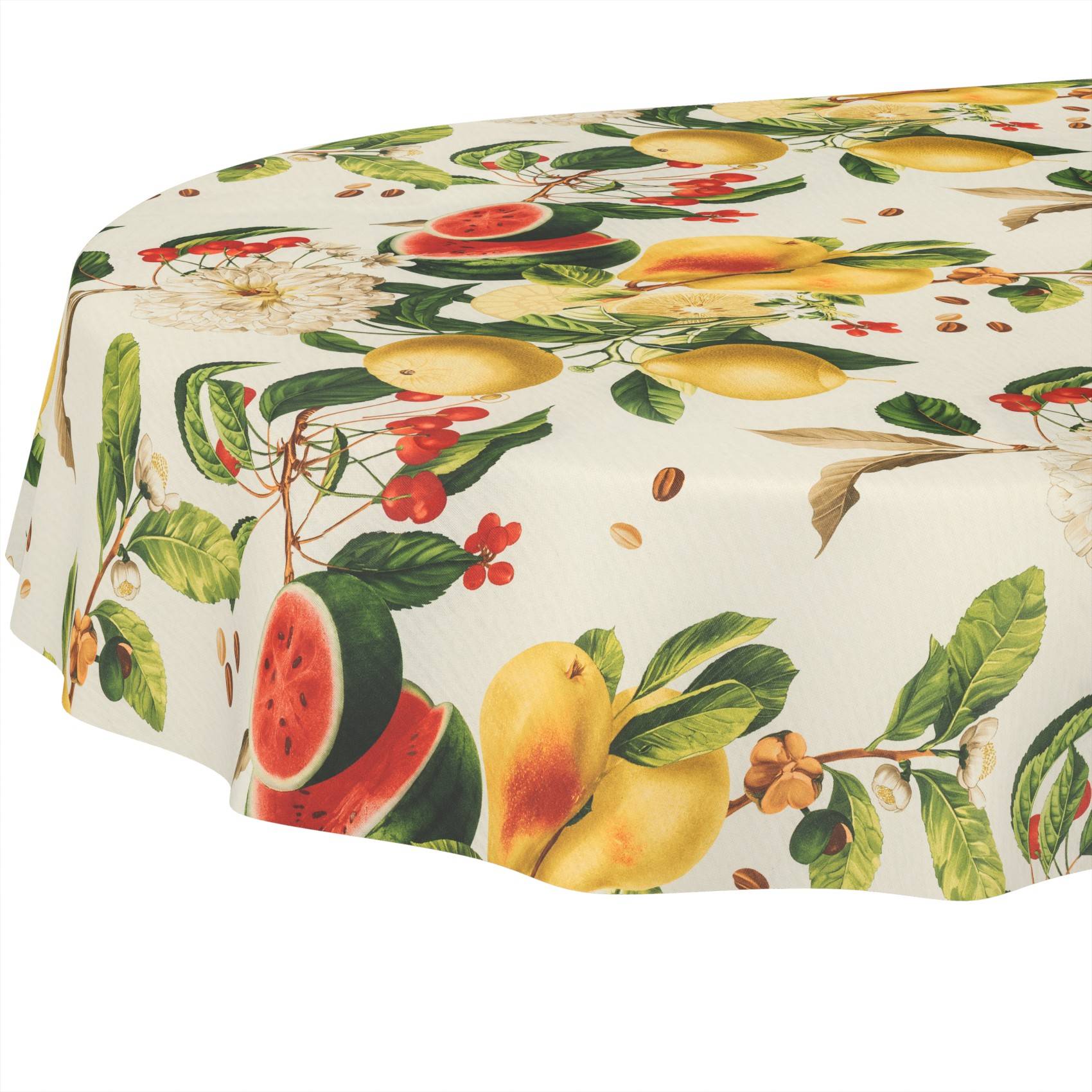 Rechteckige Tischdecke mit Obst- und Blumendruck mit Zitronen, Birnen, Kirschen, Wassermelonenscheiben und grünen Blättern auf cremefarbenem Hintergrund.