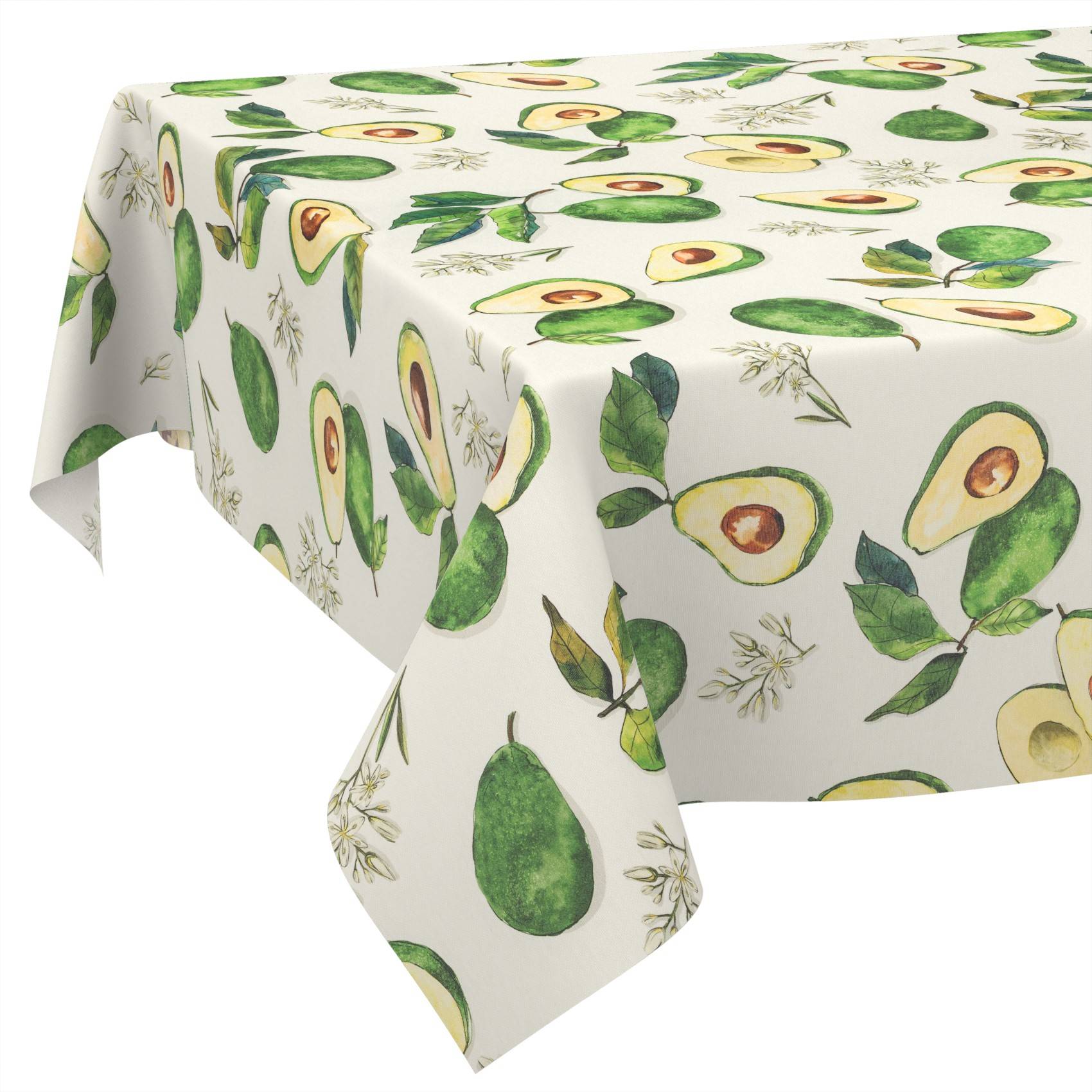 Rechteckige Tischdecke mit sich wiederholendem Avocado- und grünem Blattmuster auf hellem Hintergrund.