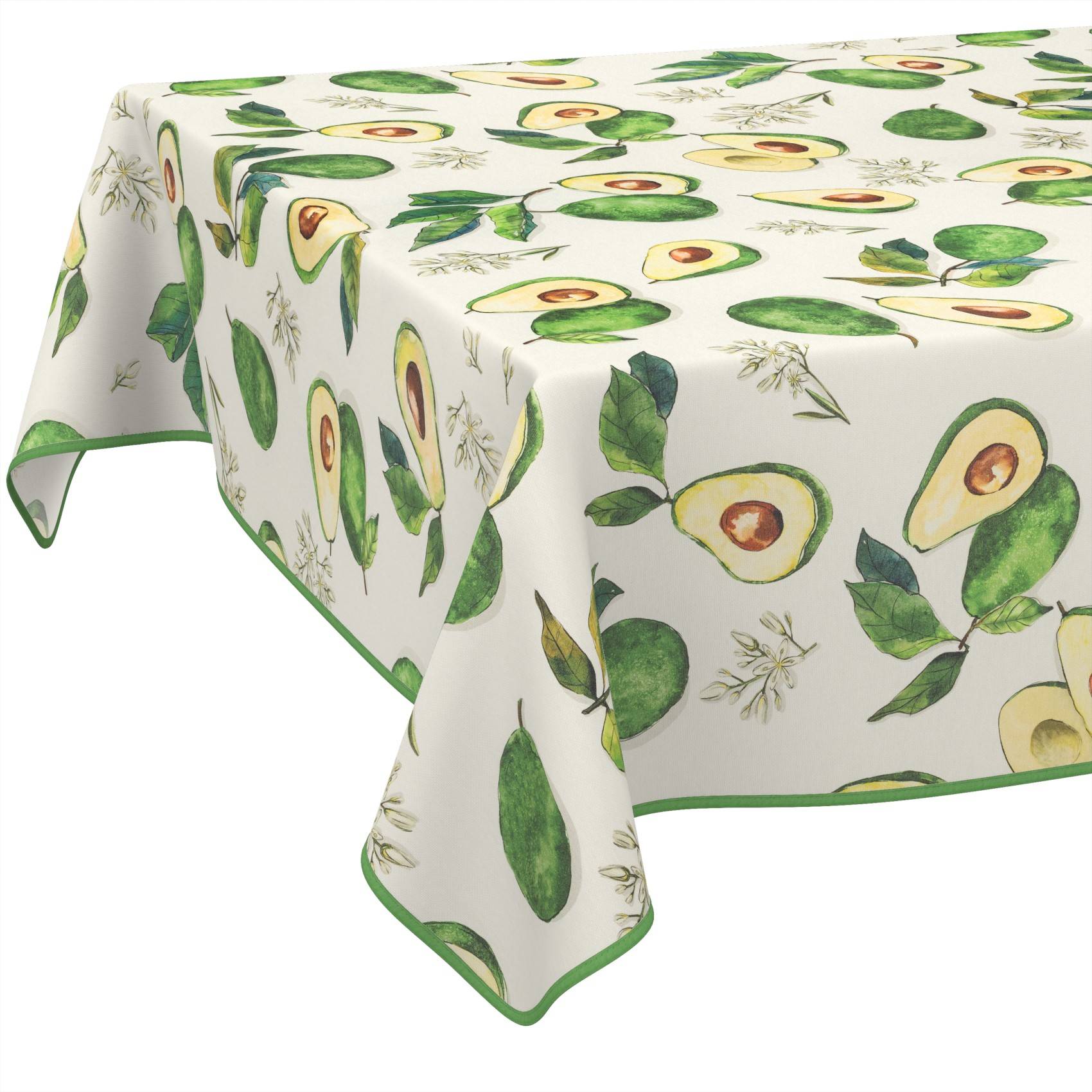 Weiße Tischdecke mit grünem Avocado- und Blatmuster sowie grünem Saum, über einen Tisch drapiert.