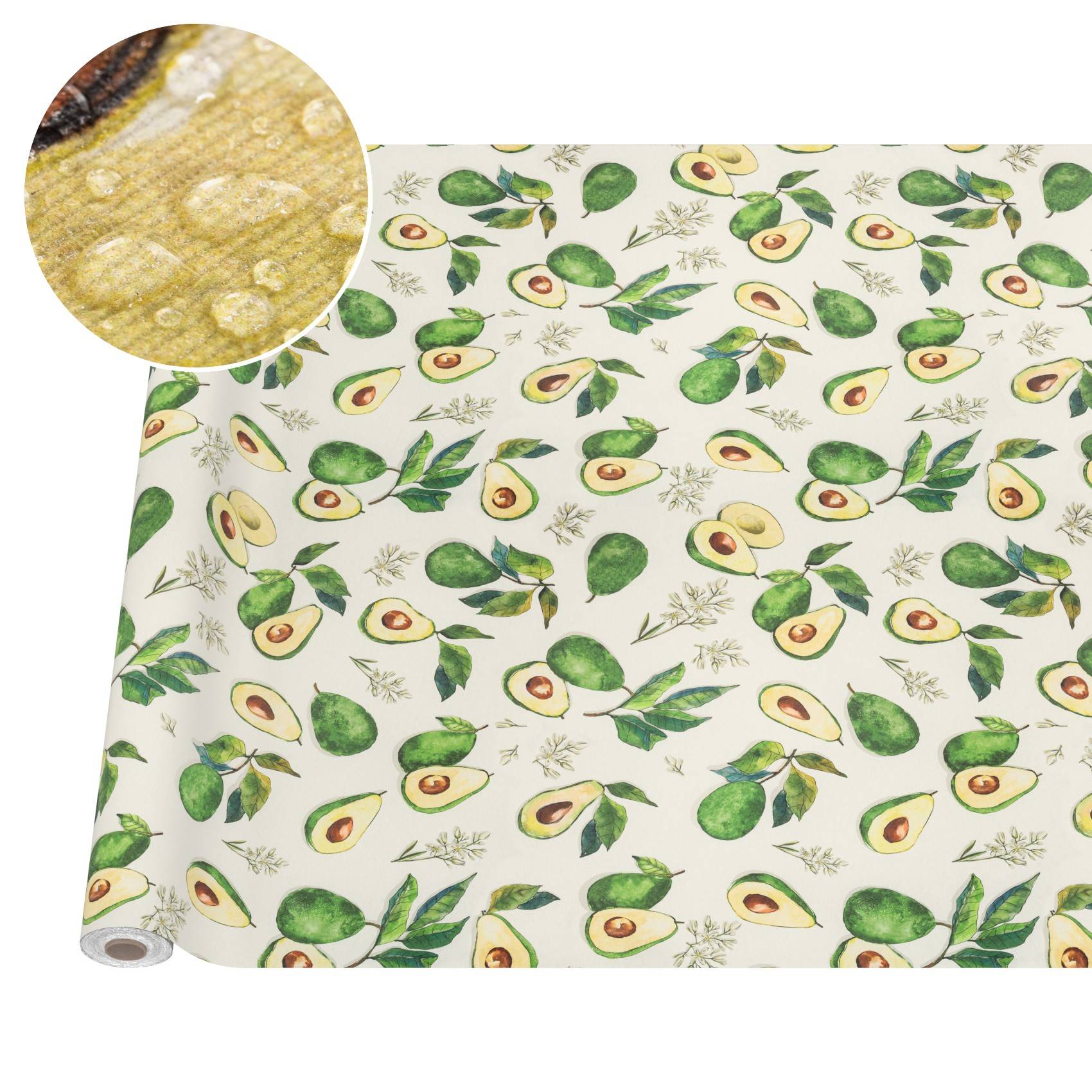 Rolle mit Avocado-Muster-Geschenkpapier mit goldener Glitter-ähnlicher Textur in einer kreisförmigen Nahaufnahme-Einfügung.