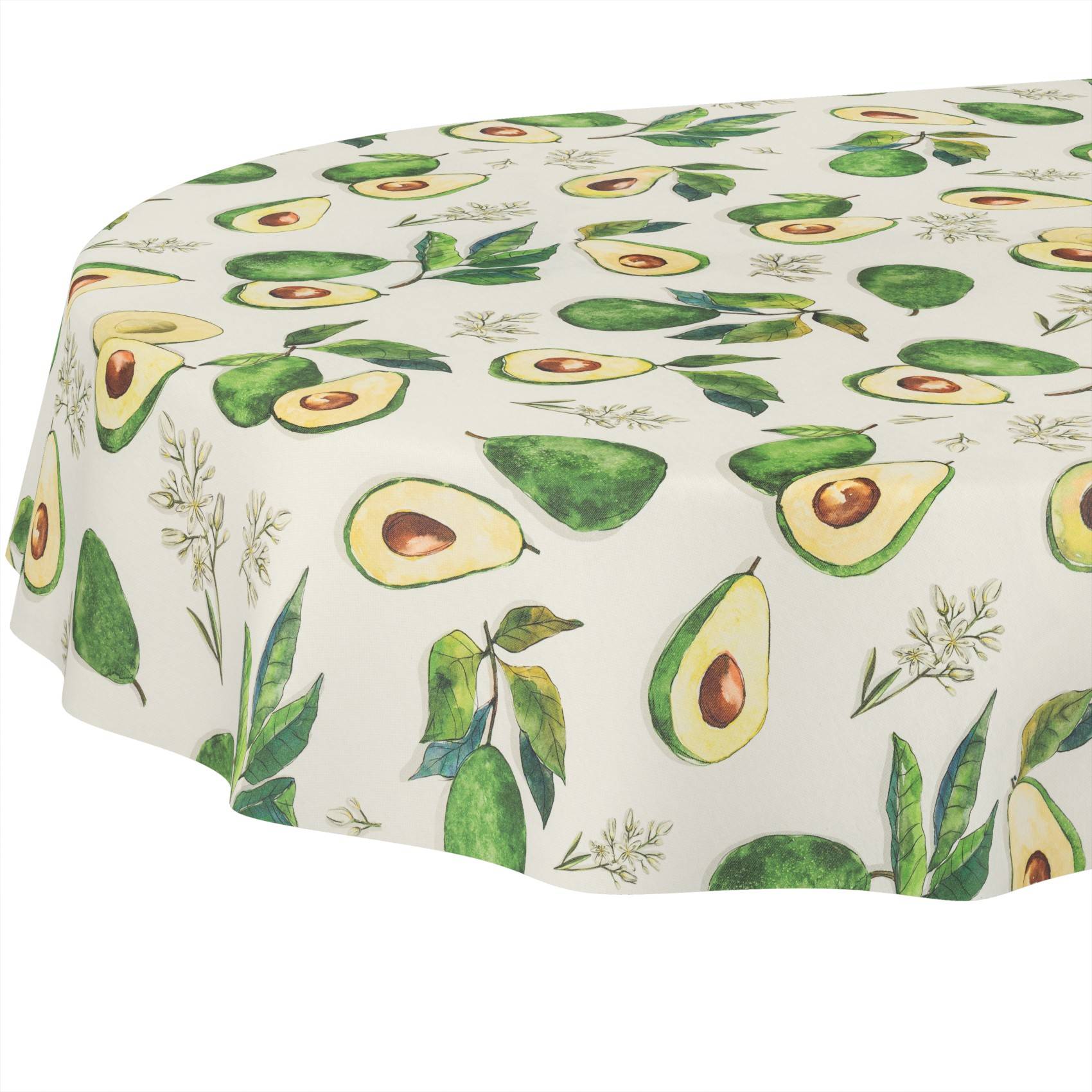 Rundecke Tischdecke mit einem wiederholten Avocado- und blattreichem botanischen Muster auf hellem Hintergrund.