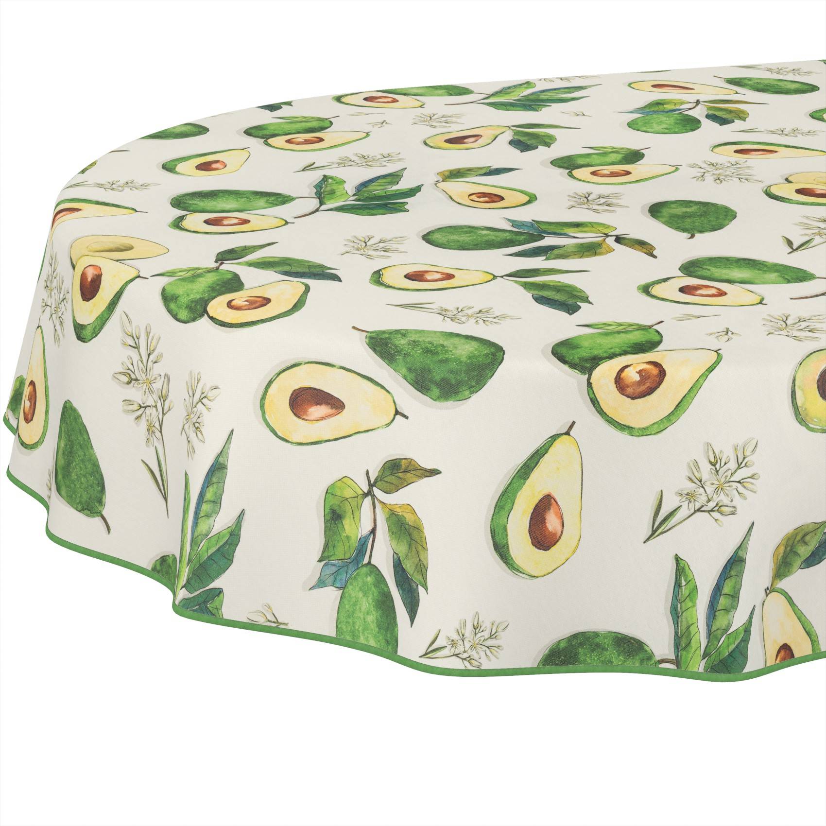 Tischdecke mit wiederkehrend angeordnetem Avocado- und Blatmuster auf hellem Hintergrund, über einen Tisch drapiert.