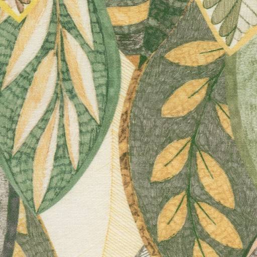 Abstrakte Nahaufnahme von überlappenden grünen und gelben botanischen Blattmustern auf strukturiertem Stoff oder Tapete.