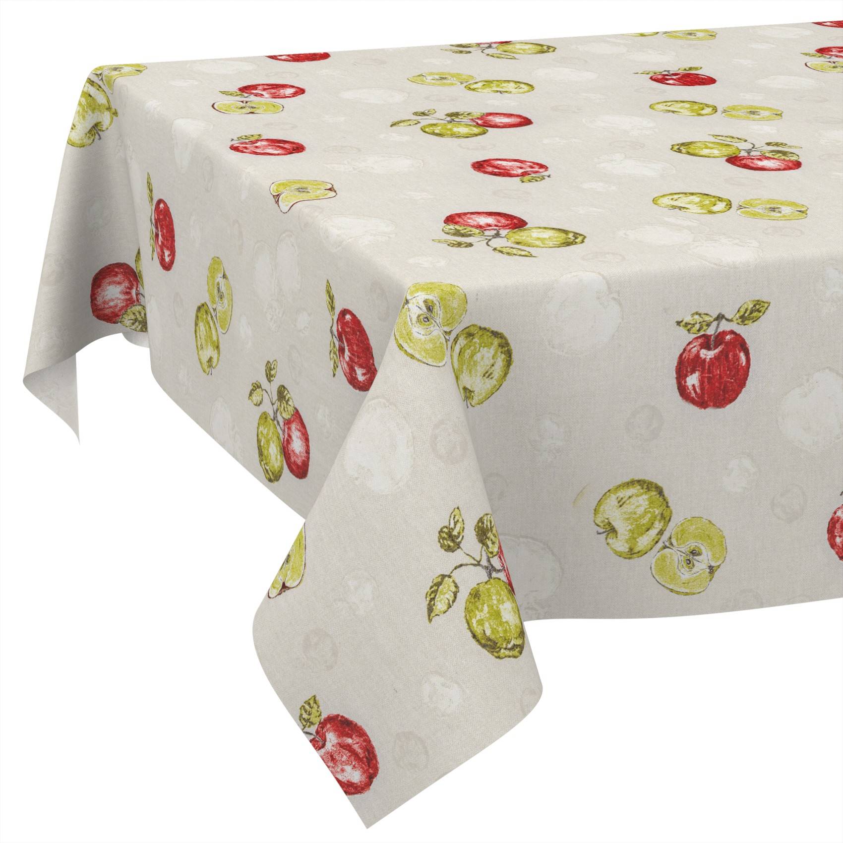 Weiße Tischdecke mit einem rot- und grünen Apfeldruck, die über einen Tisch drapiert ist.